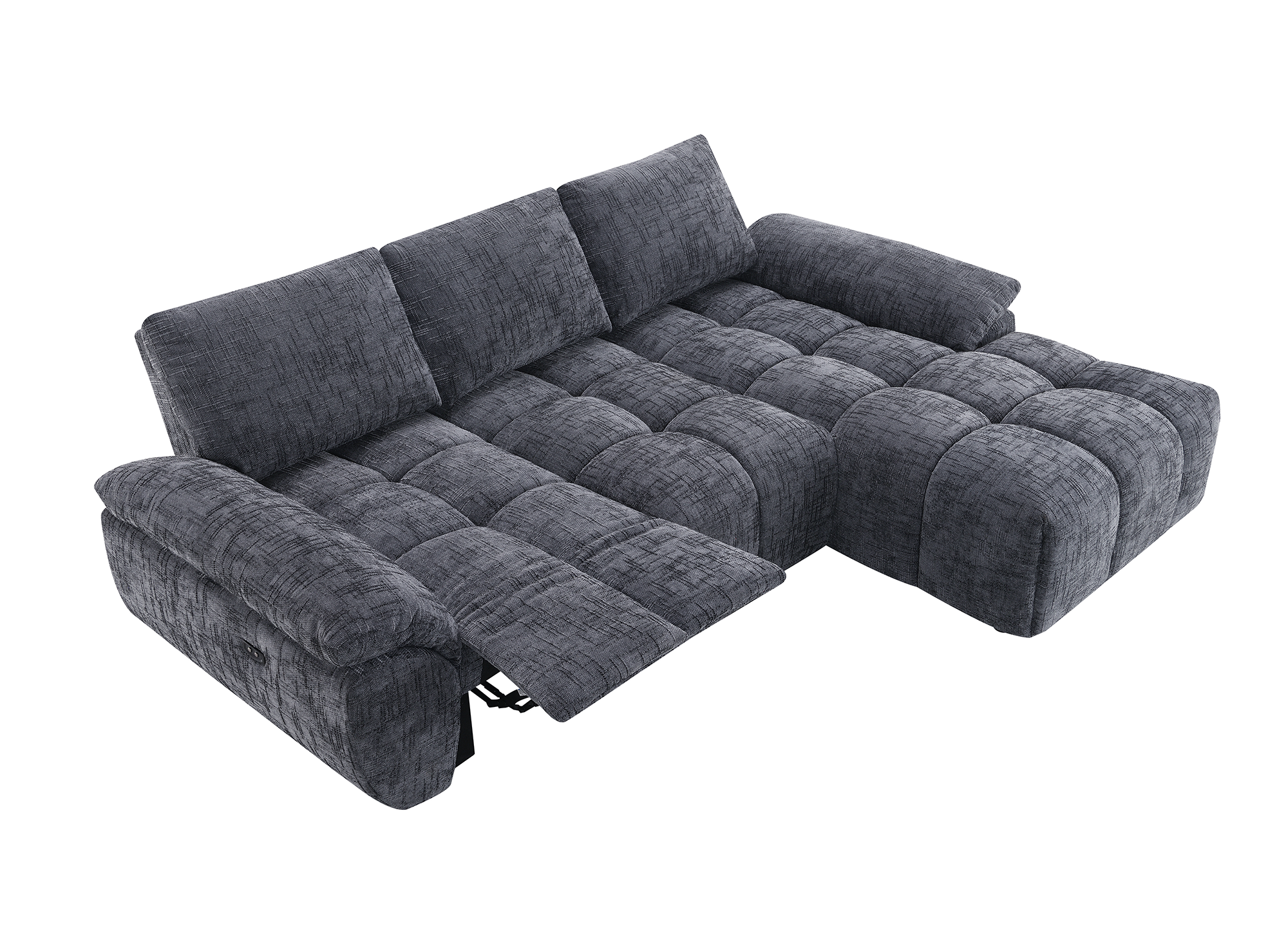 ALPES Ecksofa mit elektrischer Liegefunktion aus grau meliertem Samt – rechtwinklig