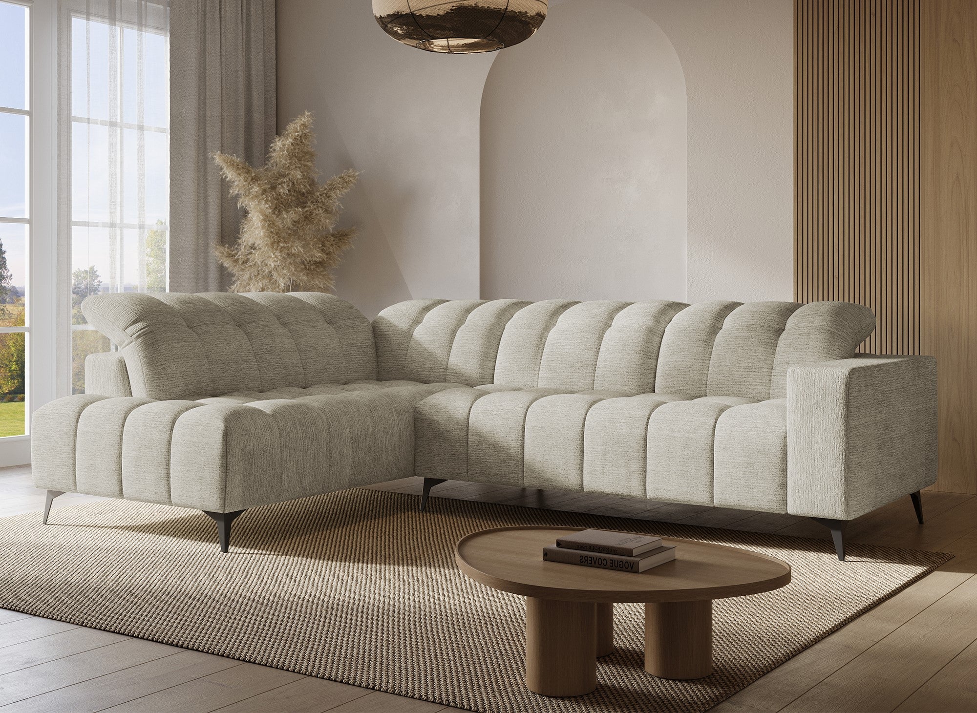 ALVAR elektrisches Relax-Ecksofa aus beige meliertem Samt - Linke Ecke