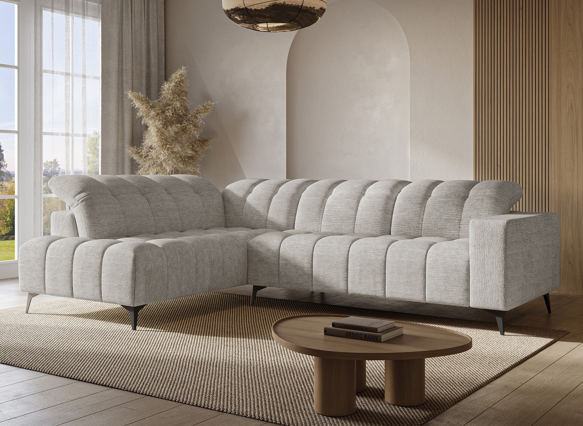 ALVAR elektrisches Relax-Ecksofa aus beige meliertem Samt - Linke Ecke