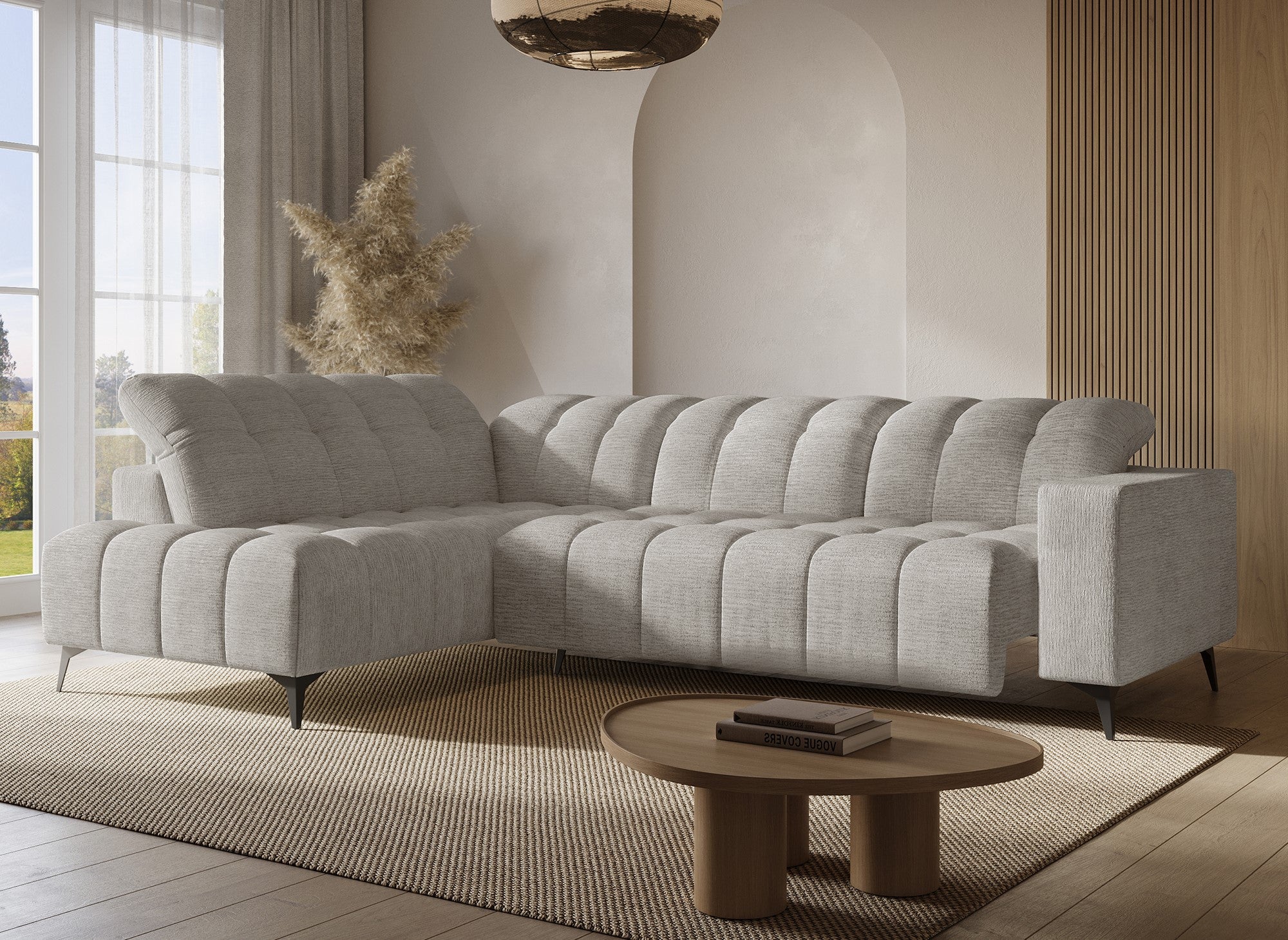 ALVAR elektrisches Relax-Ecksofa aus beige meliertem Samt - Linke Ecke