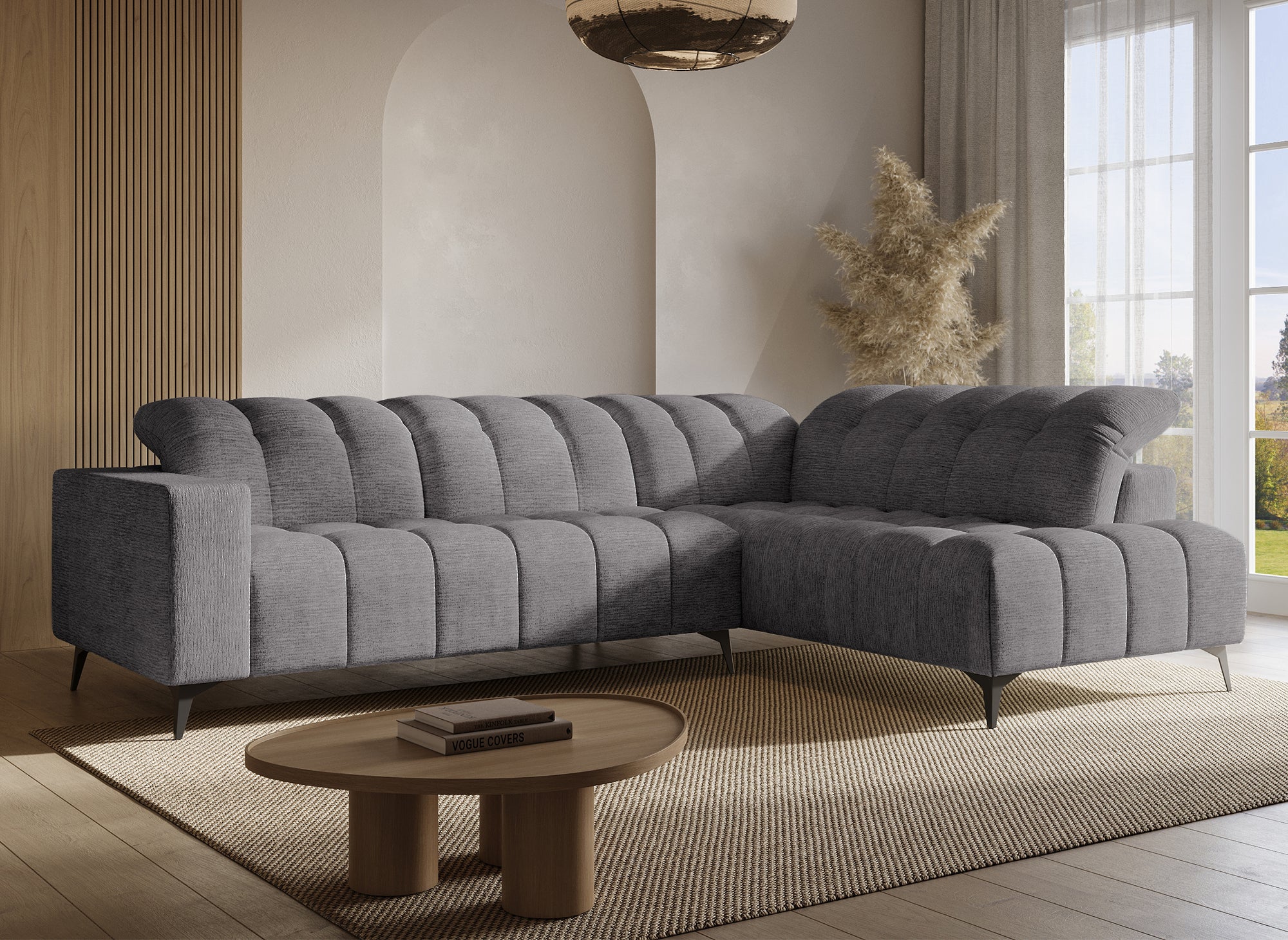 ALVAR Ecksofa mit elektrischer Liegefunktion aus grau meliertem Samt – rechtwinklig