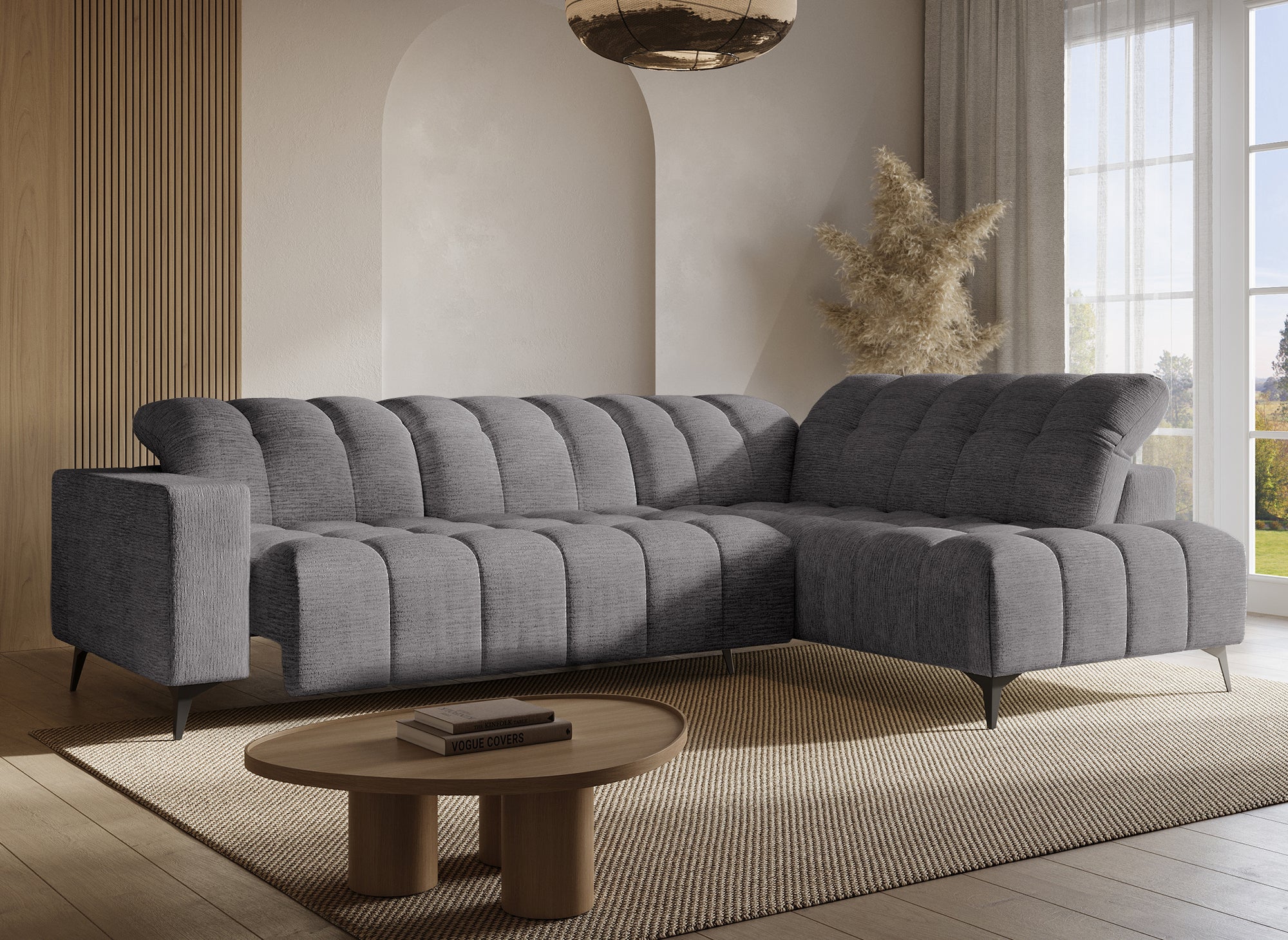 ALVAR Ecksofa mit elektrischer Liegefunktion aus grau meliertem Samt – rechtwinklig