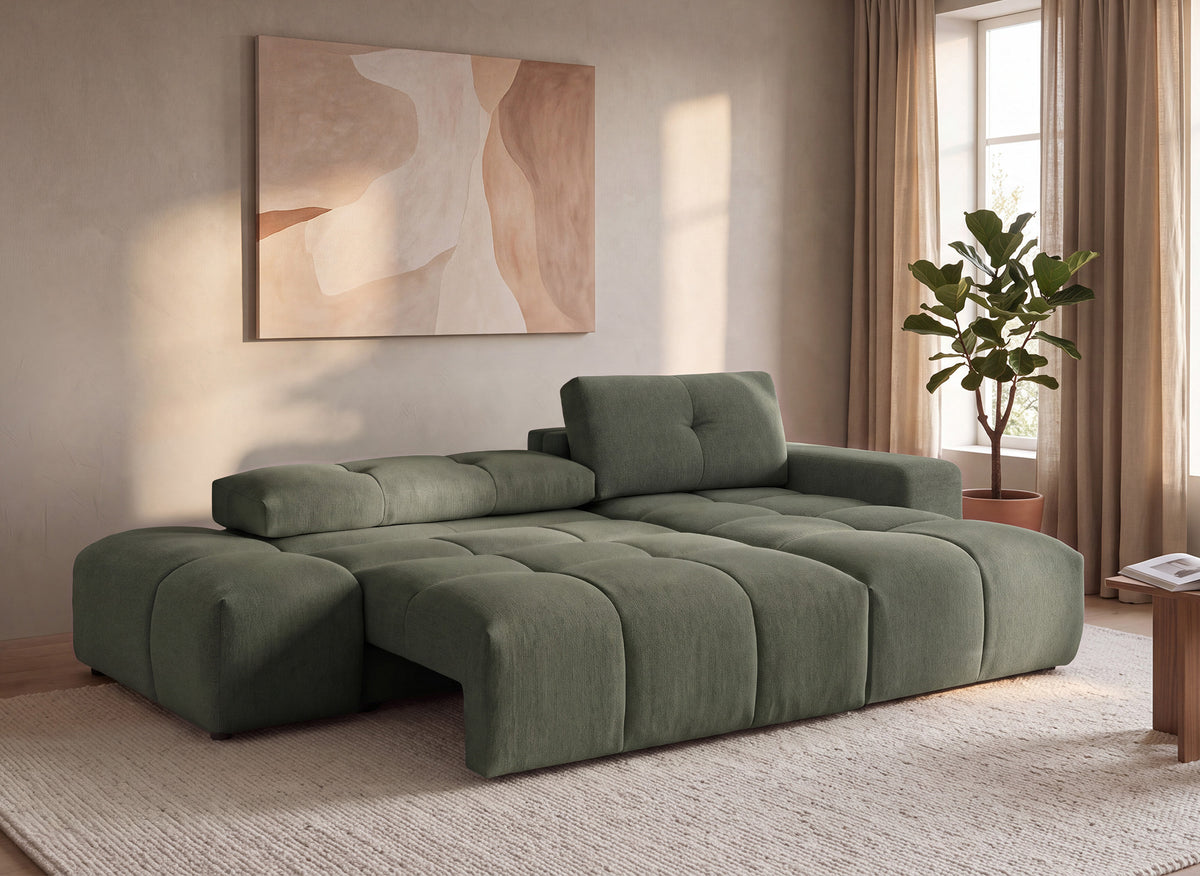 Canapé d'angle convertible avec coffre en tissu texturé vert olive ANGELINE - Angle droit