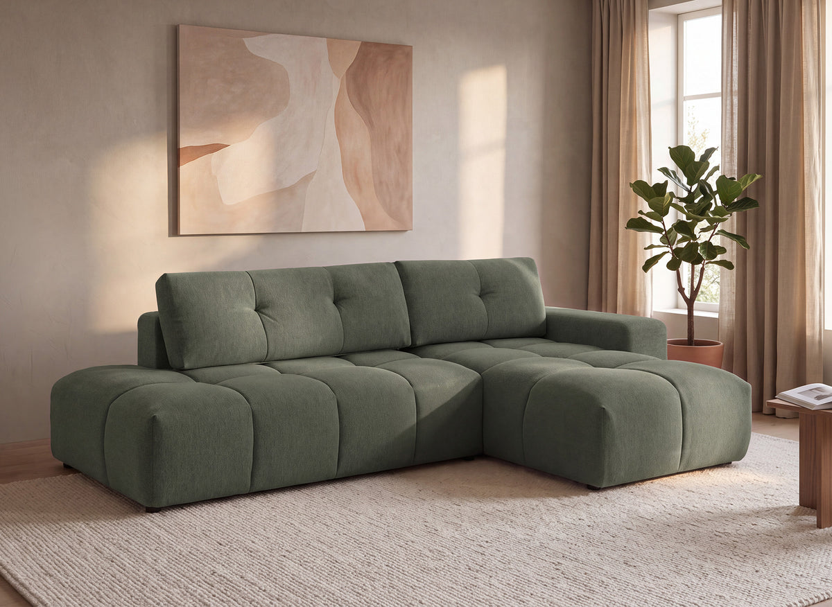 Canapé d'angle convertible avec coffre en tissu texturé vert olive ANGELINE - Angle droit