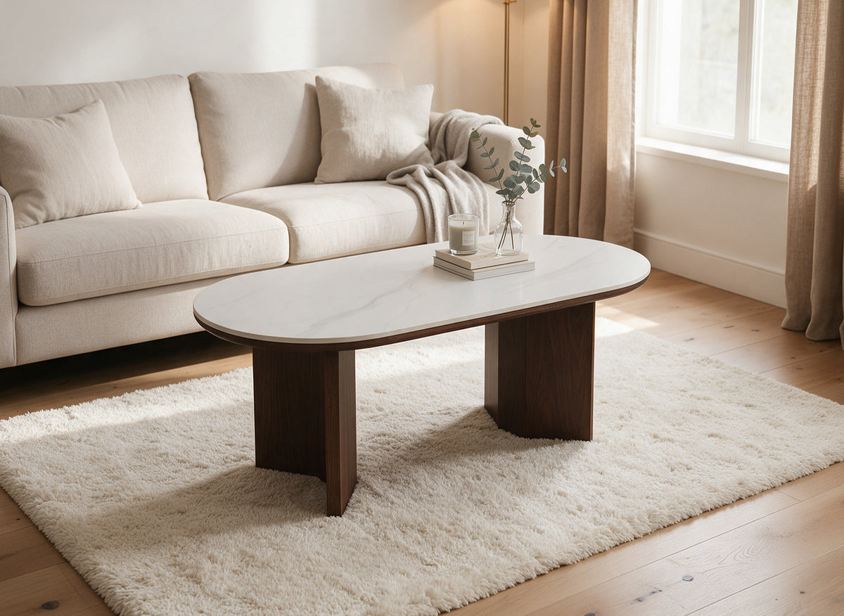 Table basse céramique beige pieds bois noyer AMANDINE