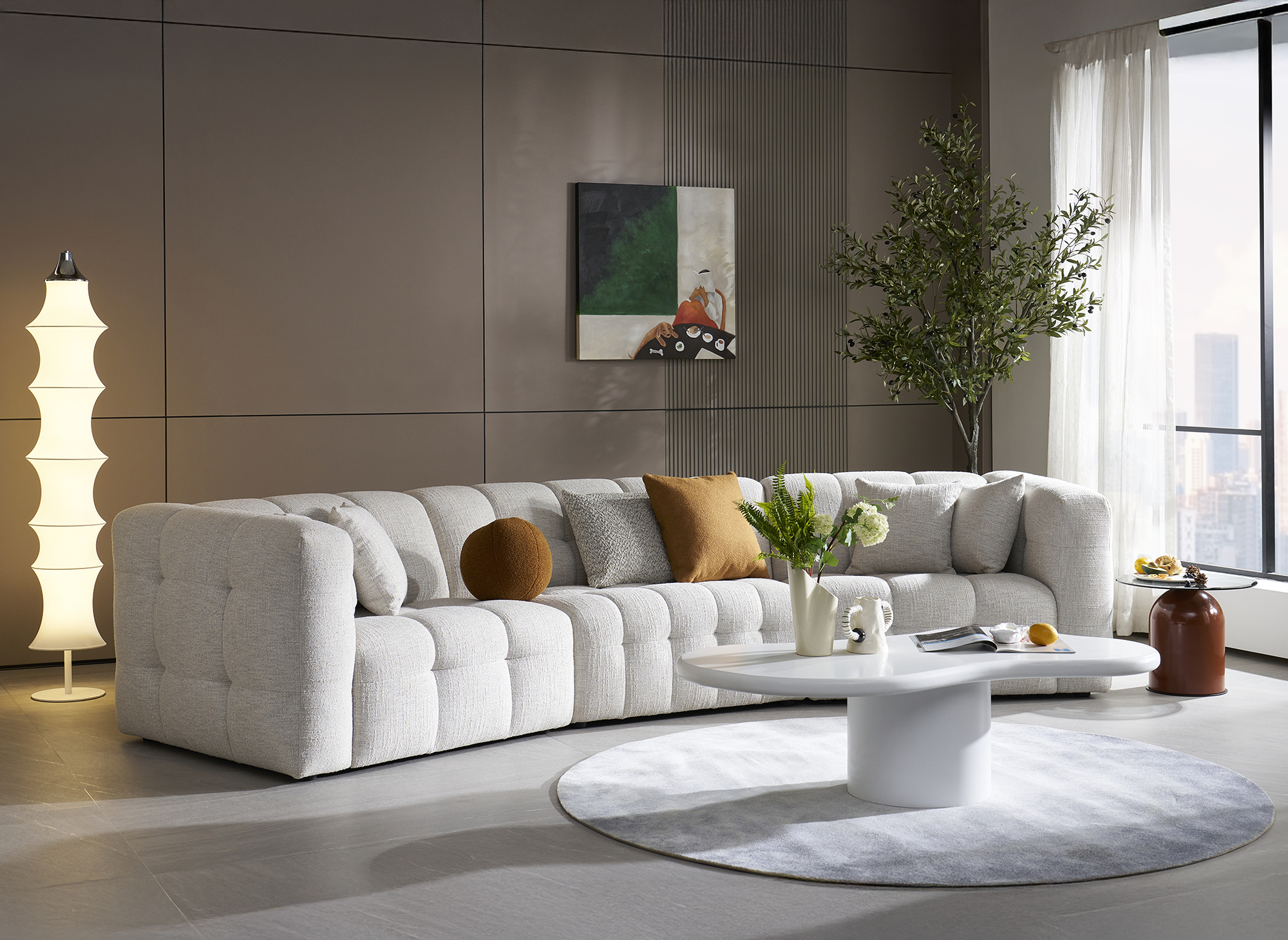 ARELIA 5-Sitzer-Sofa mit geradem Sitz aus strukturiertem Samt in Beige