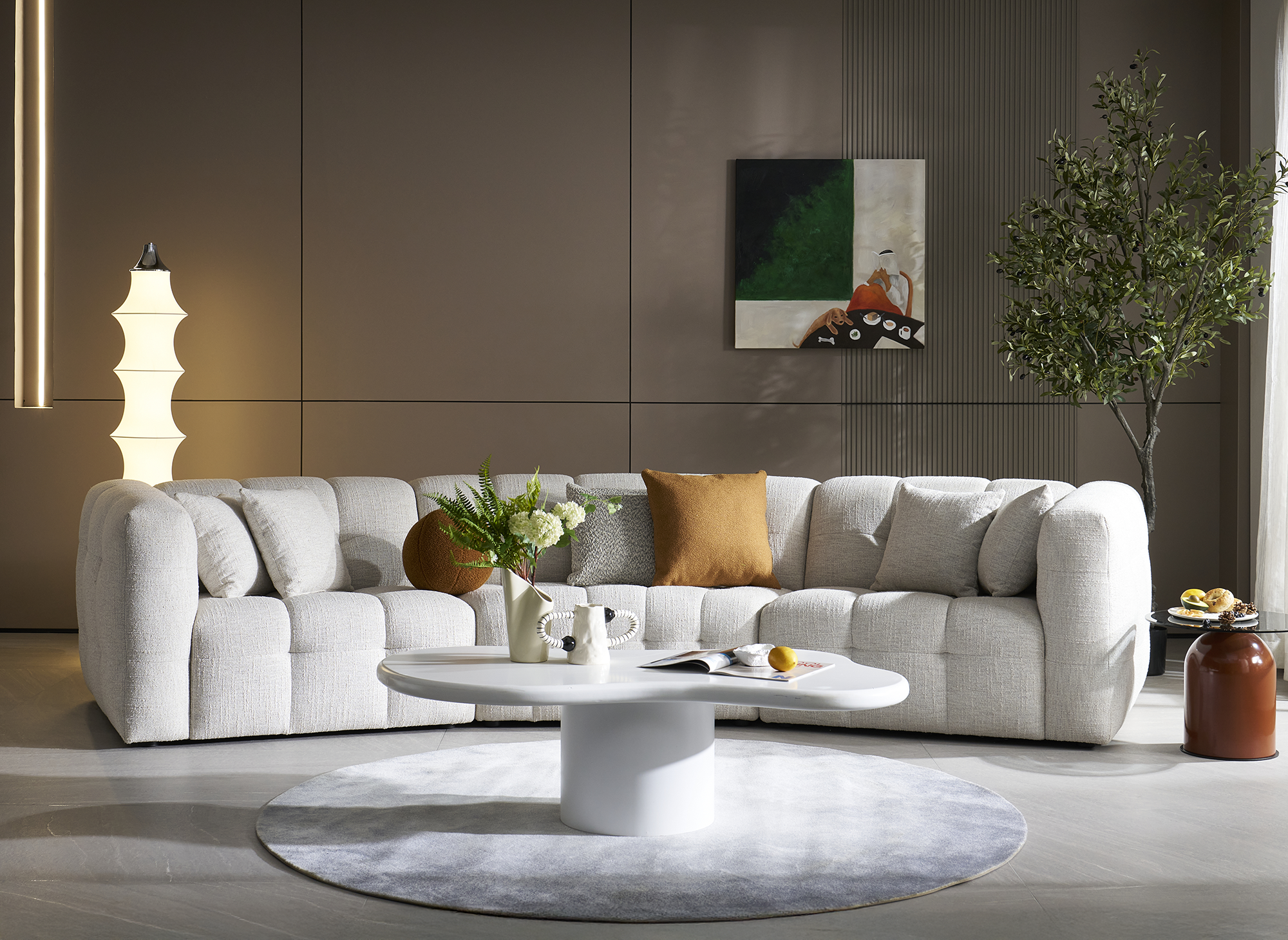 ARELIA 5-Sitzer-Sofa mit geradem Sitz aus strukturiertem Samt in Beige