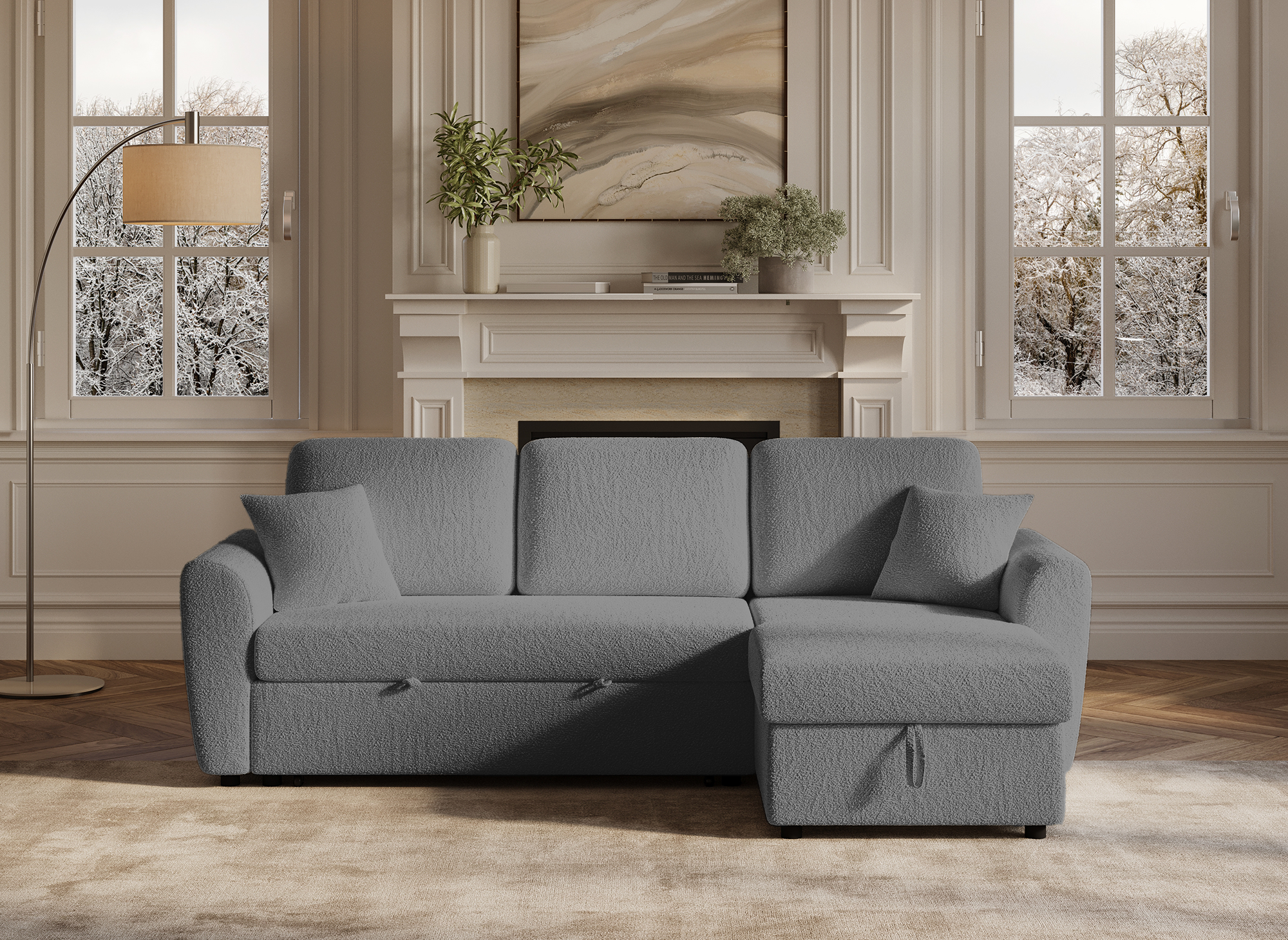 ADRYEN Ecksofa aus grauem Frottee mit Stauraum