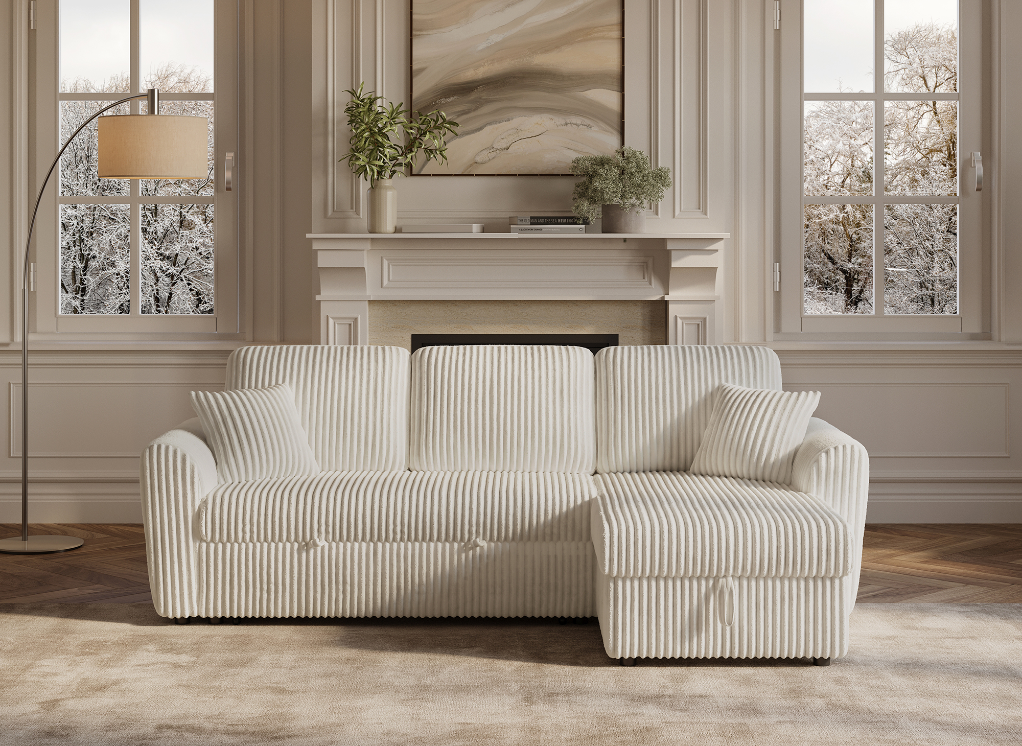 ADRYEN umwandelbares und wendbares Ecksofa mit Stauraum aus dickem, beigem Cord
