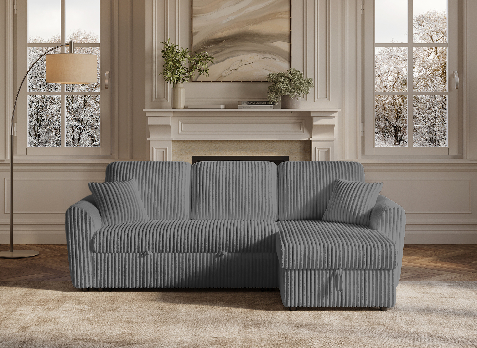 ADRYEN Ecksofa aus dickem grauem Cord mit Stauraum, umwandelbar und wendbar