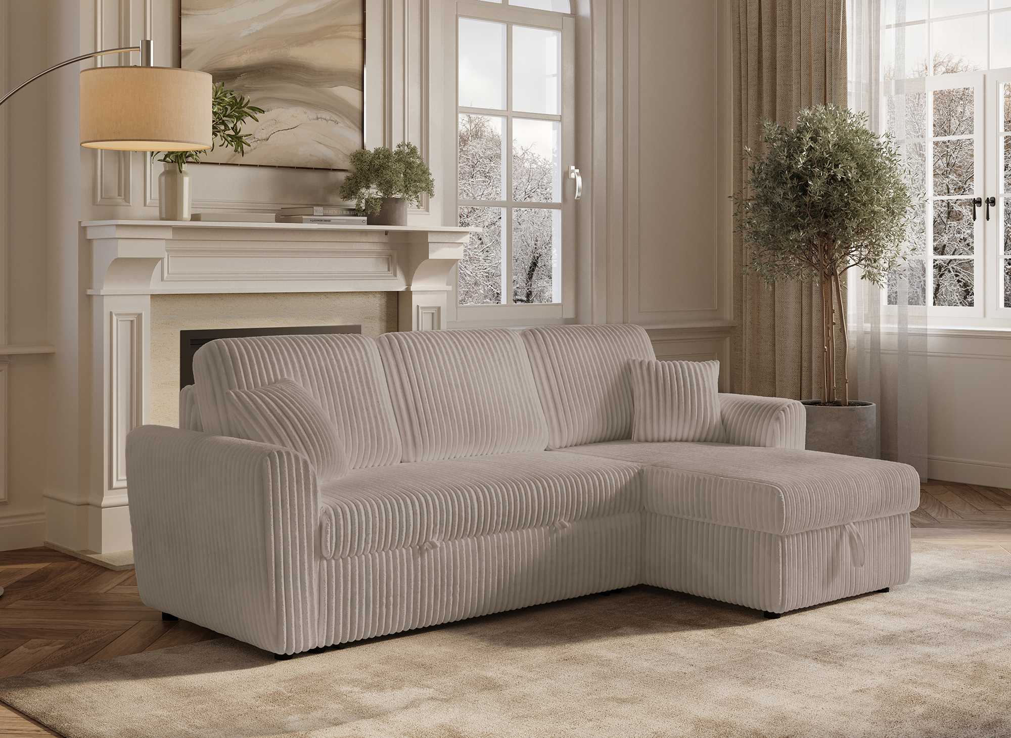 ADRYEN umwandelbares und wendbares Ecksofa mit Stauraum aus dickem Taupe-Cord