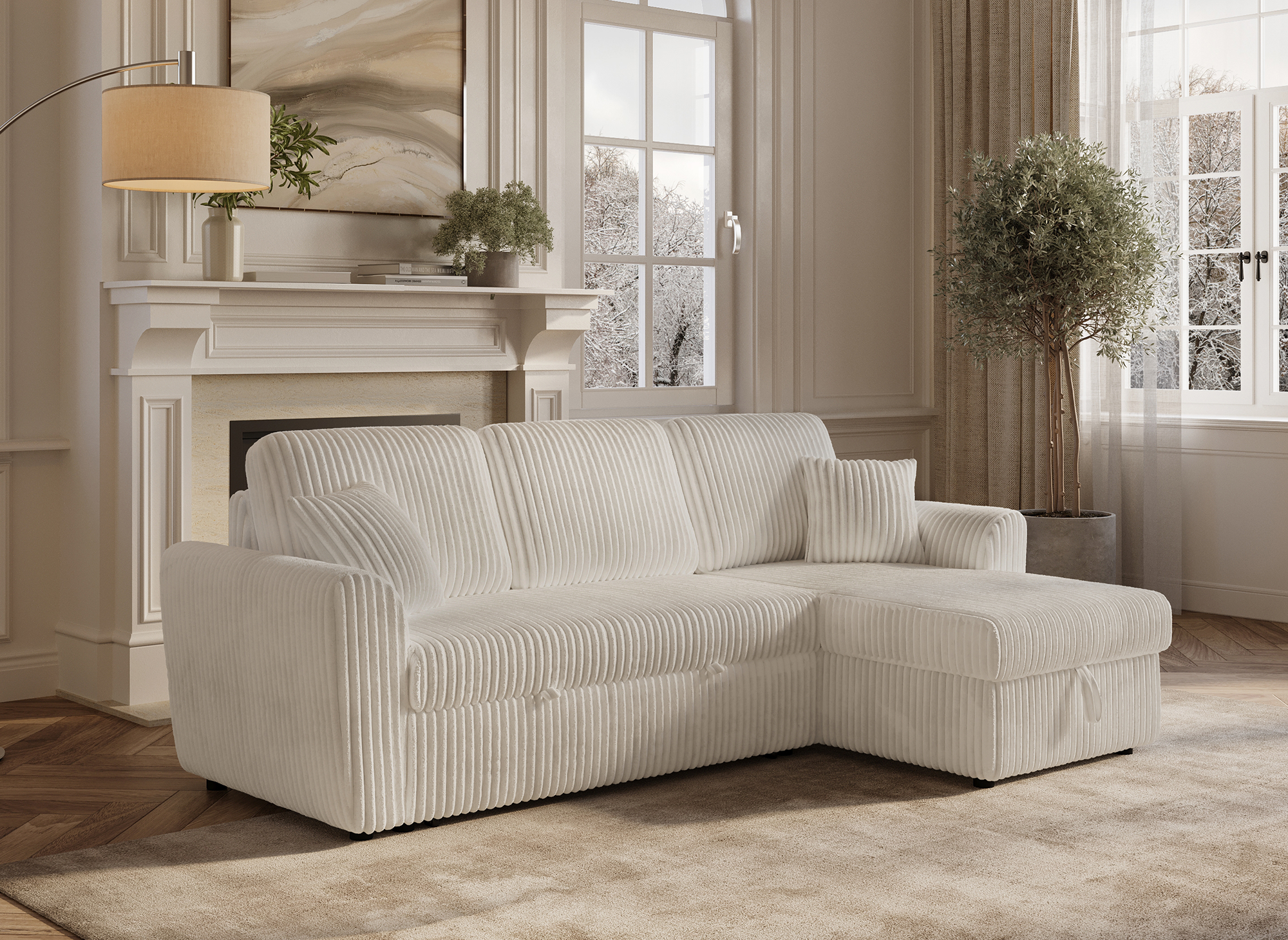 ADRYEN umwandelbares und wendbares Ecksofa mit Stauraum aus dickem, beigem Cord