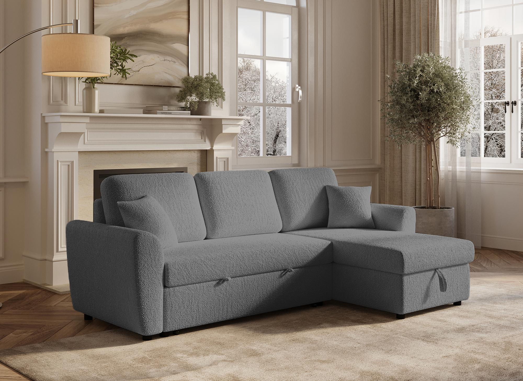 ADRYEN Ecksofa aus grauem Frottee mit Stauraum