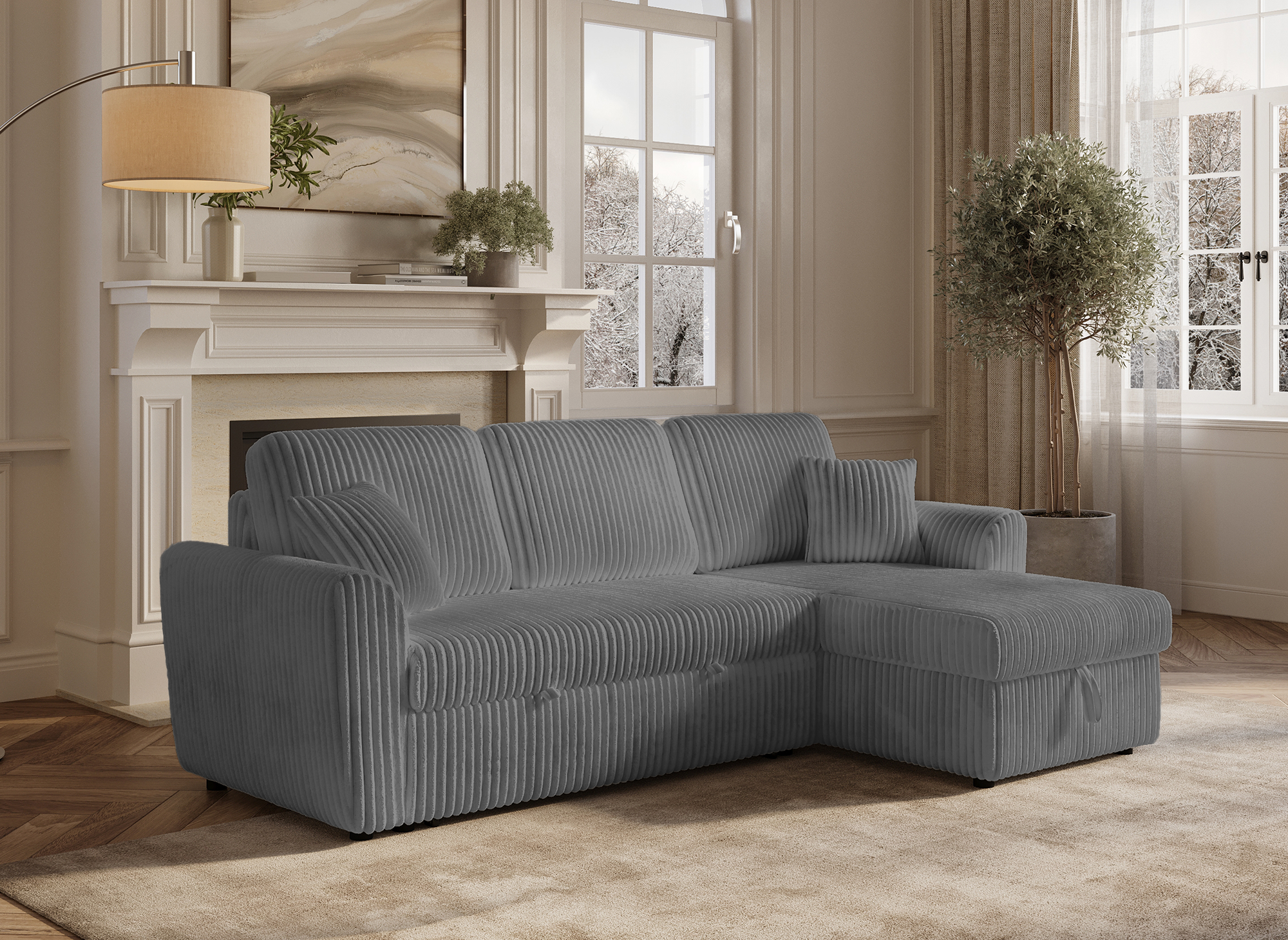 ADRYEN Ecksofa aus dickem grauem Cord mit Stauraum, umwandelbar und wendbar