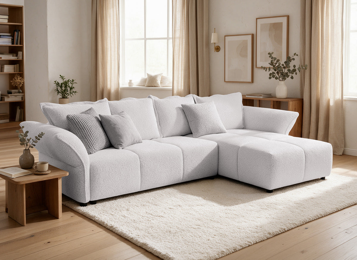 Wendbares, umwandelbares Ecksofa aus beigem, gewebtem Samt BELINE