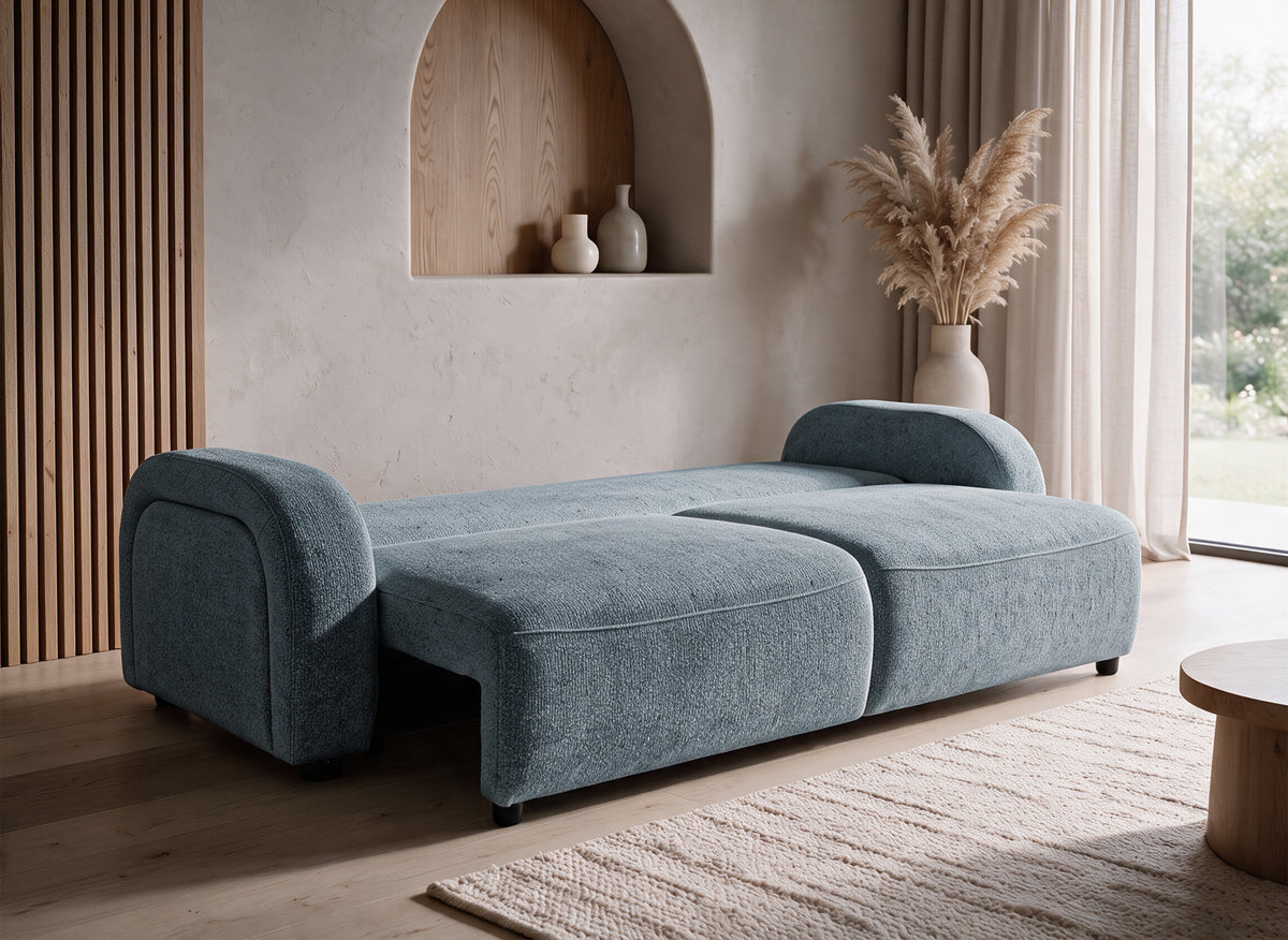 MAYORA 3-Sitzer-Schlafsofa in blauem Strukturstoff