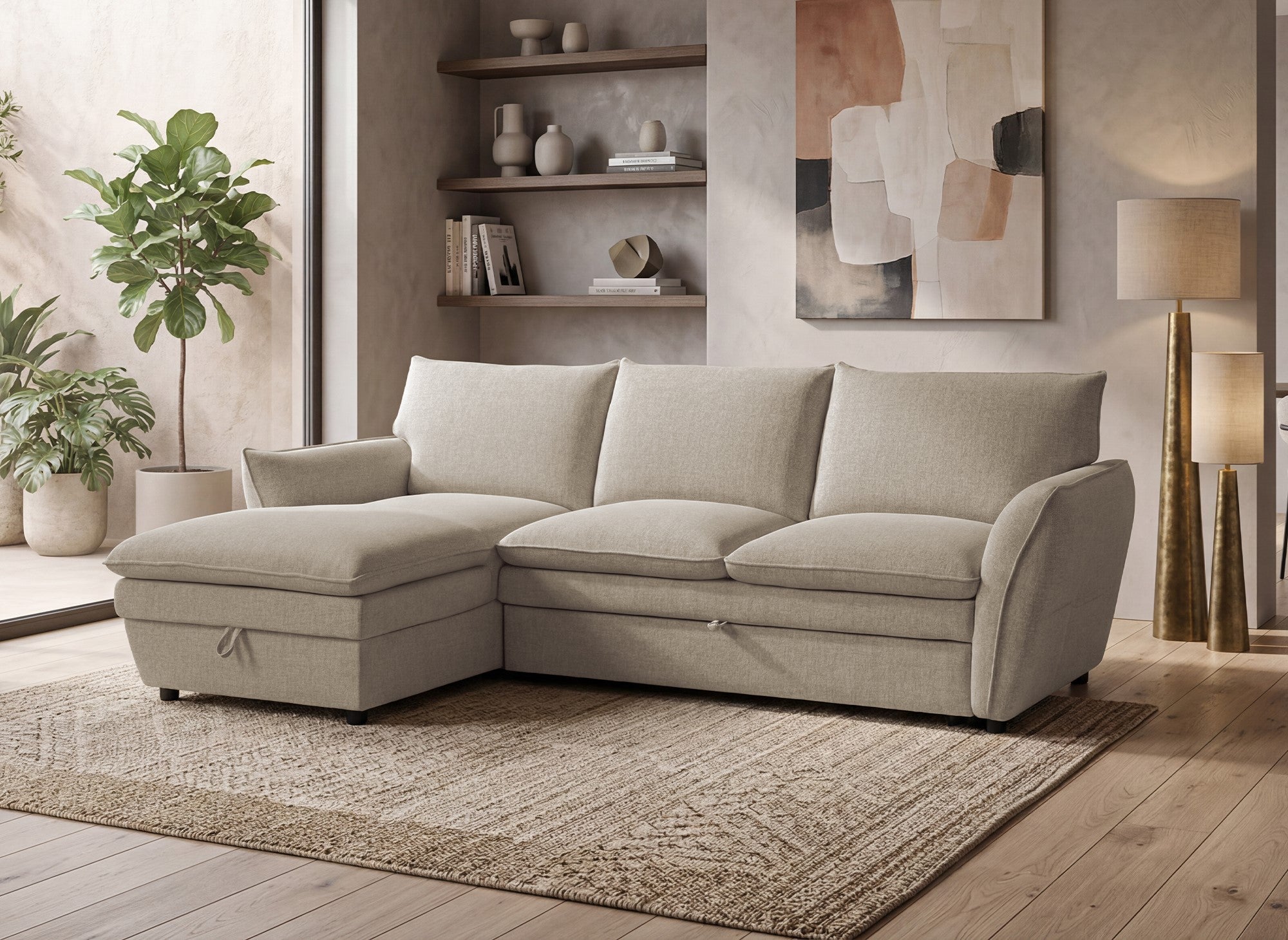 Umwandelbares Ecksofa mit Truhe aus taupefarbenem Stoff CAPUCINE – Linke Ecke