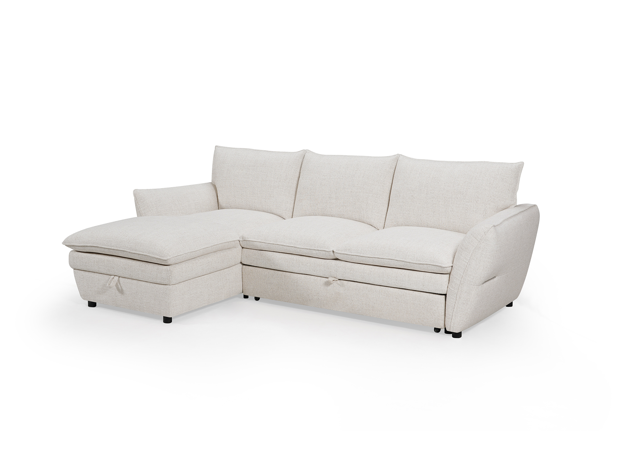 Umwandelbares Ecksofa mit Truhe aus beigem Stoff CAPUCINE – Linke Ecke