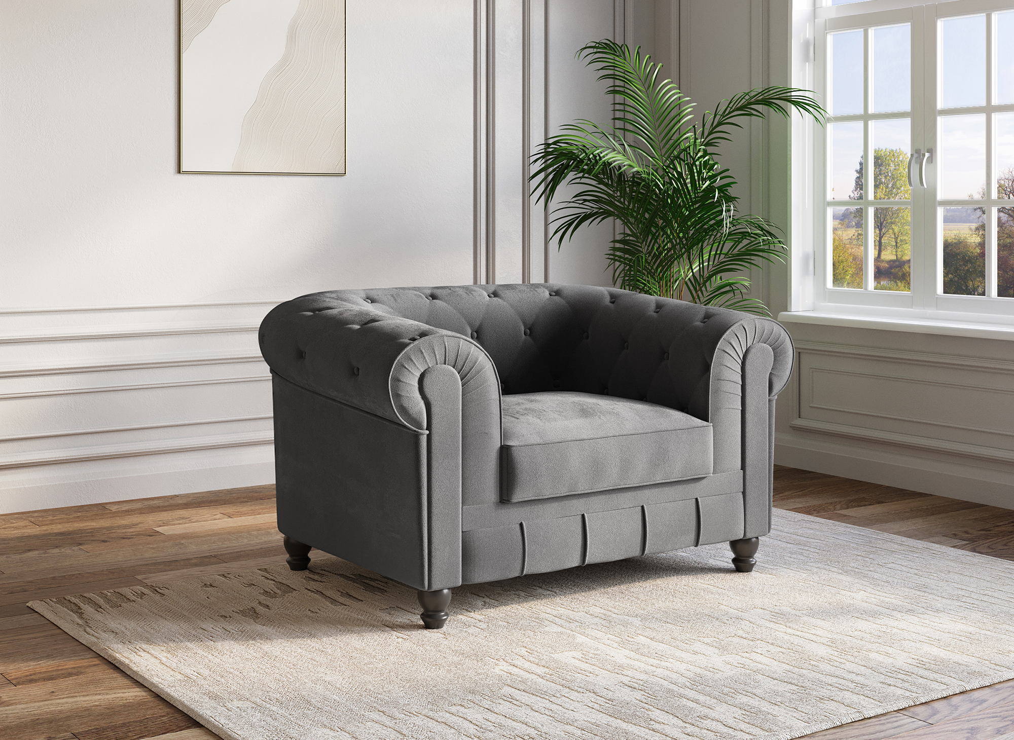 Chesterfield-Sessel aus grauem Samt