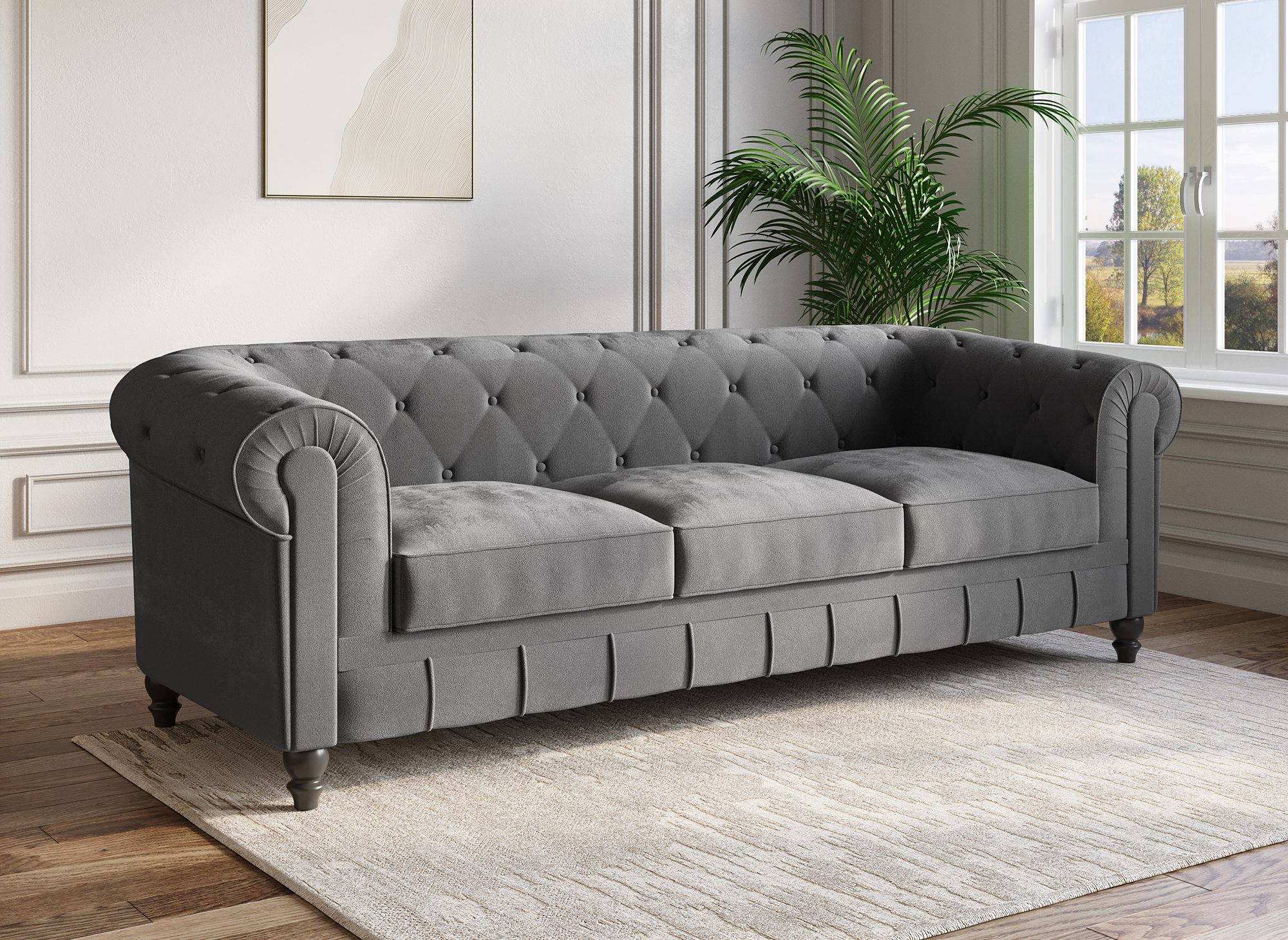 Chesterfield 3-Sitzer-Sofa aus grauem Samt
