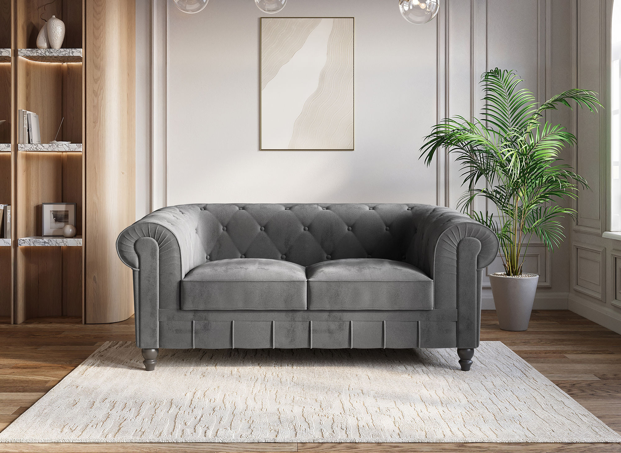 Chesterfield 2-Sitzer-Sofa aus grauem Samt