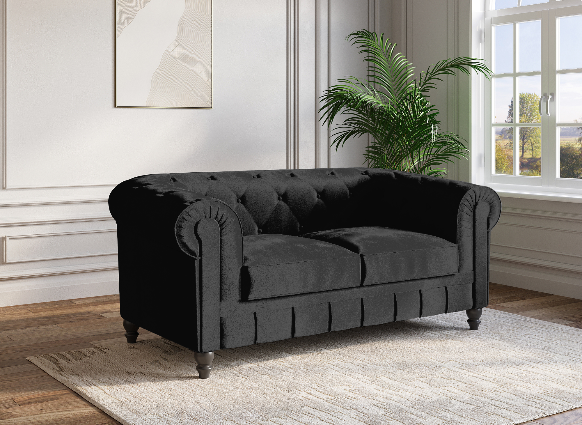 Chesterfield 2-Sitzer-Sofa aus schwarzem Samt