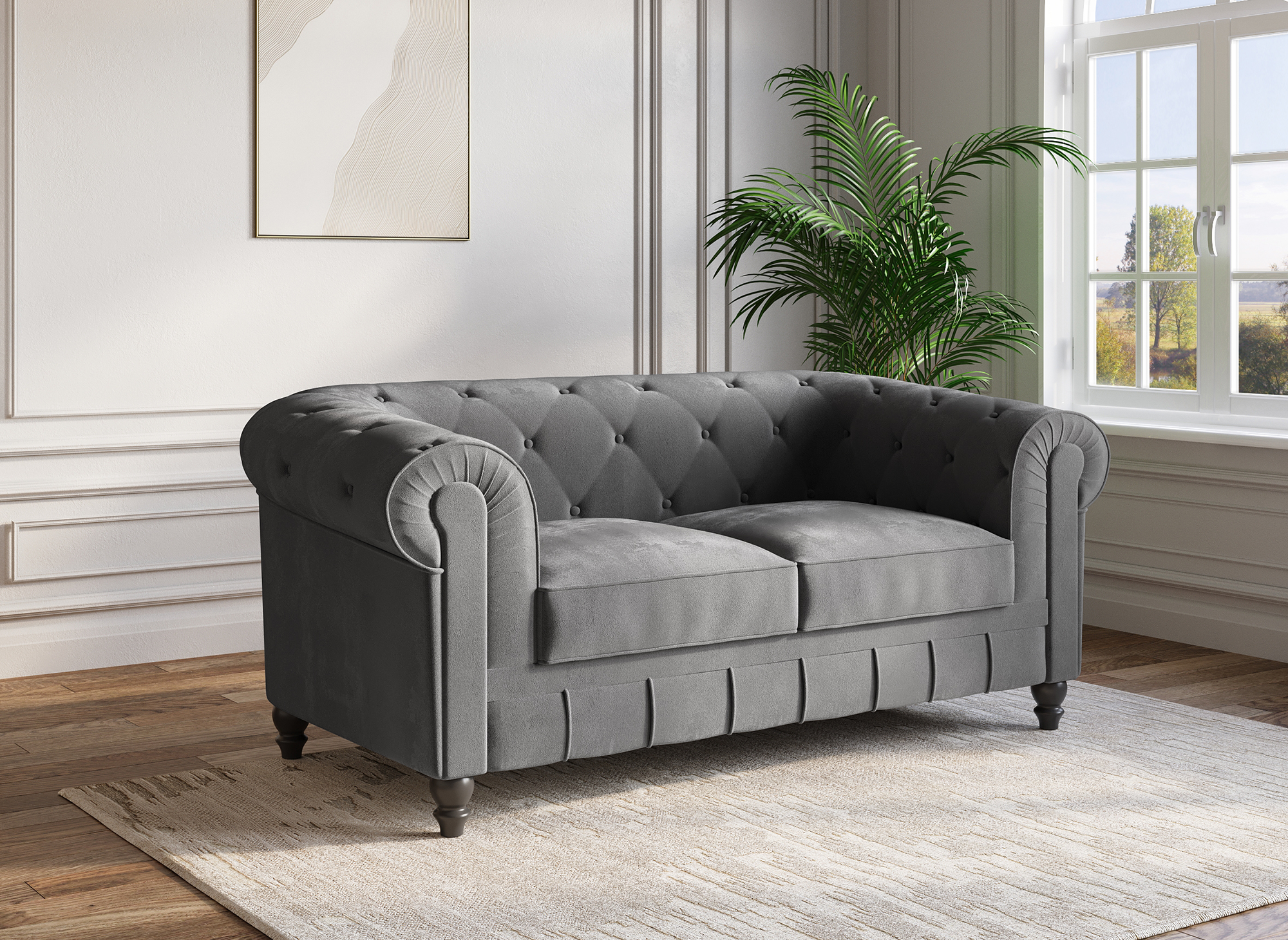 Chesterfield 2-Sitzer-Sofa aus grauem Samt