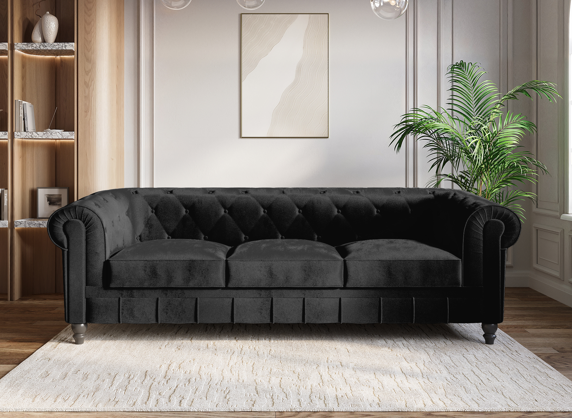 Chesterfield 3-Sitzer-Sofa aus schwarzem Samt