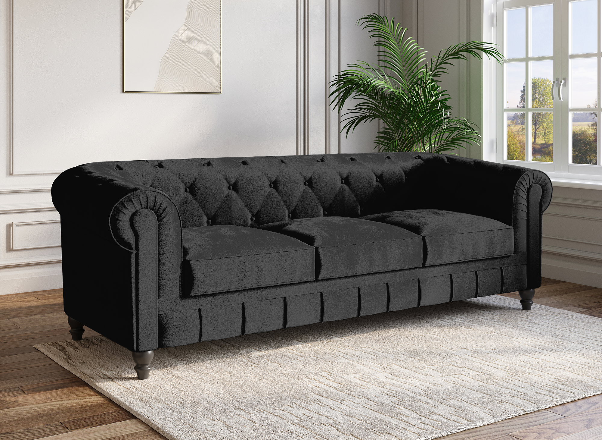 Chesterfield 3-Sitzer-Sofa aus schwarzem Samt