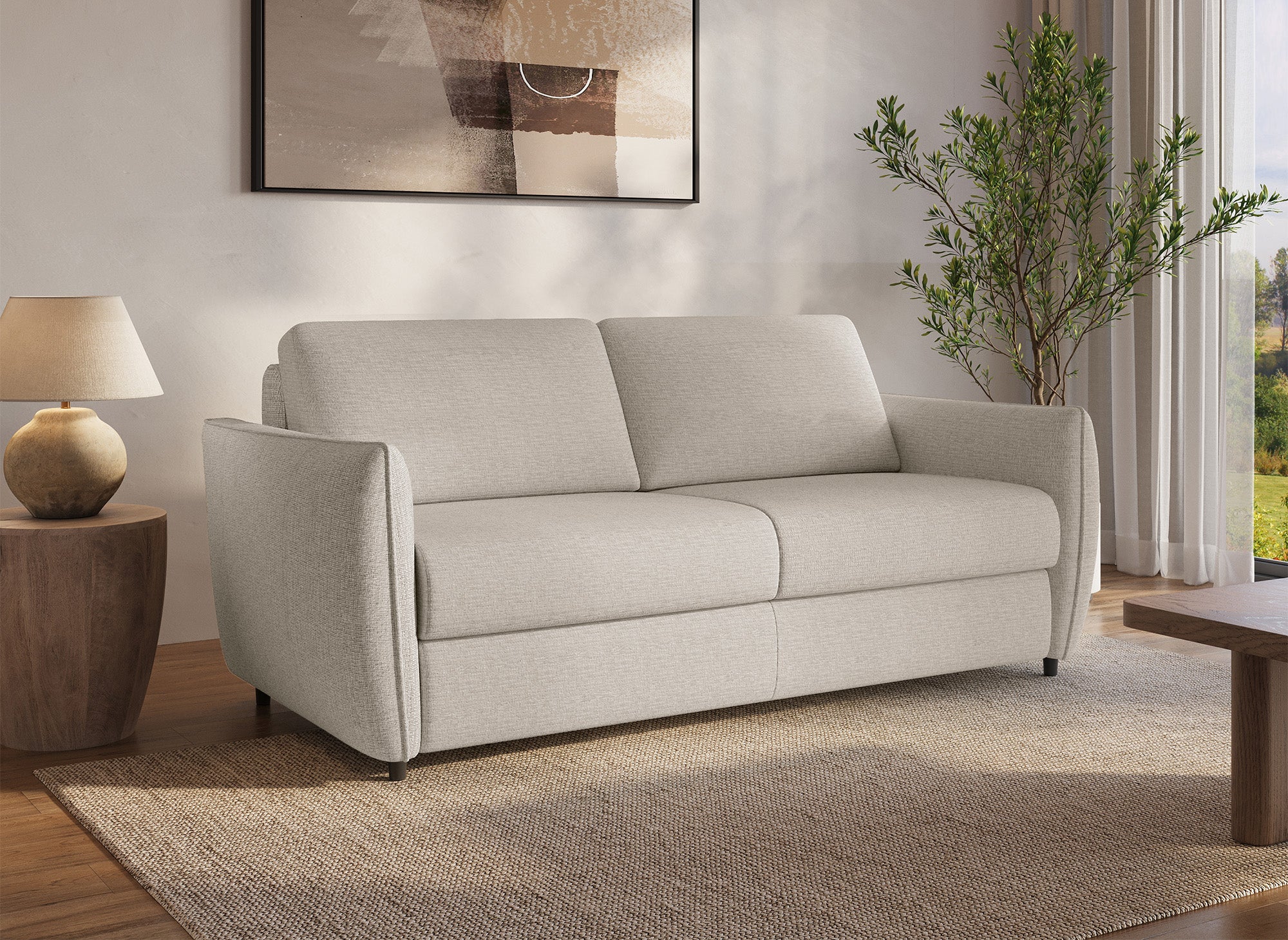 CHIARA 3-Sitzer-Express-Schlafsofa in beigefarbenem, strukturiertem Samt