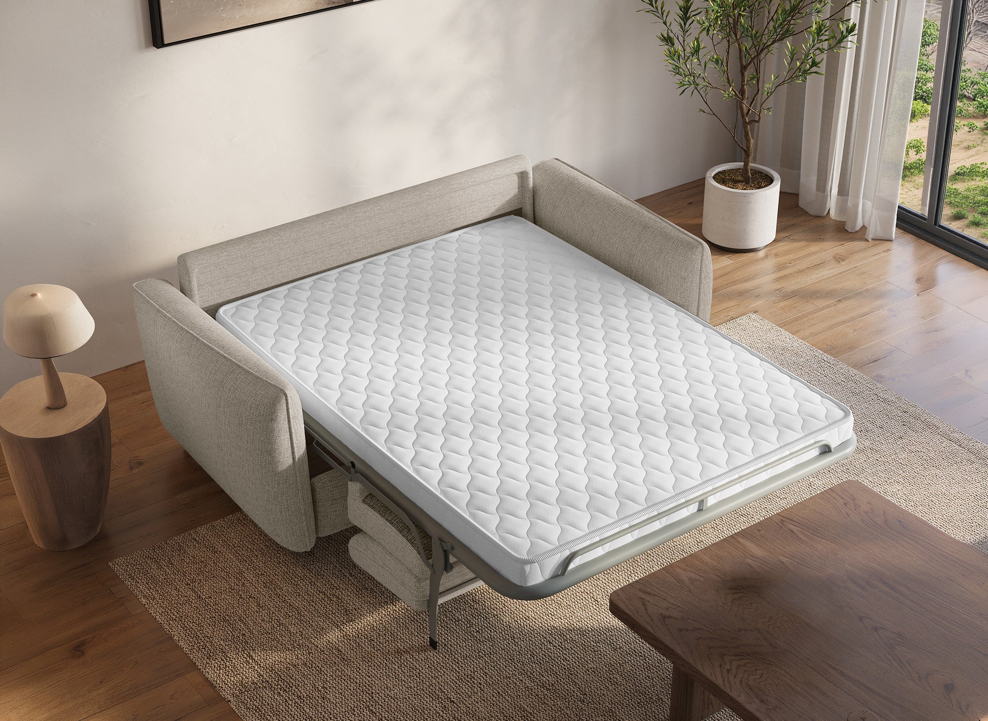 CHIARA 3-Sitzer-Express-Schlafsofa in beigefarbenem, strukturiertem Samt