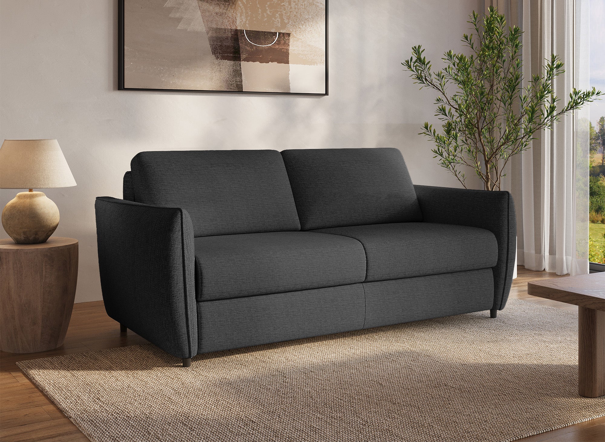 CHIARA 3-Sitzer-Express-Schlafsofa in dunkelgrauem, strukturiertem Samt