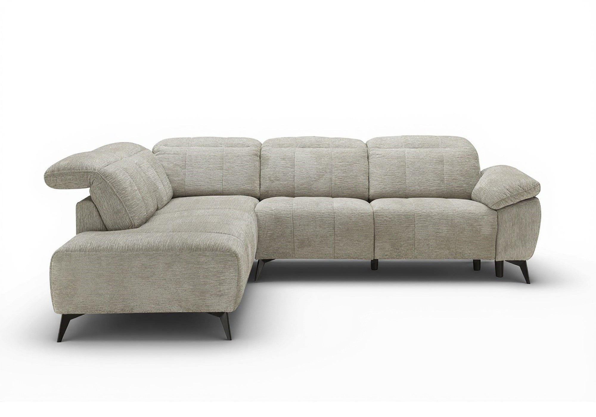 SOLINA Ecksofa mit elektrischer Verstellung aus beige meliertem Samt – Linke Ecke