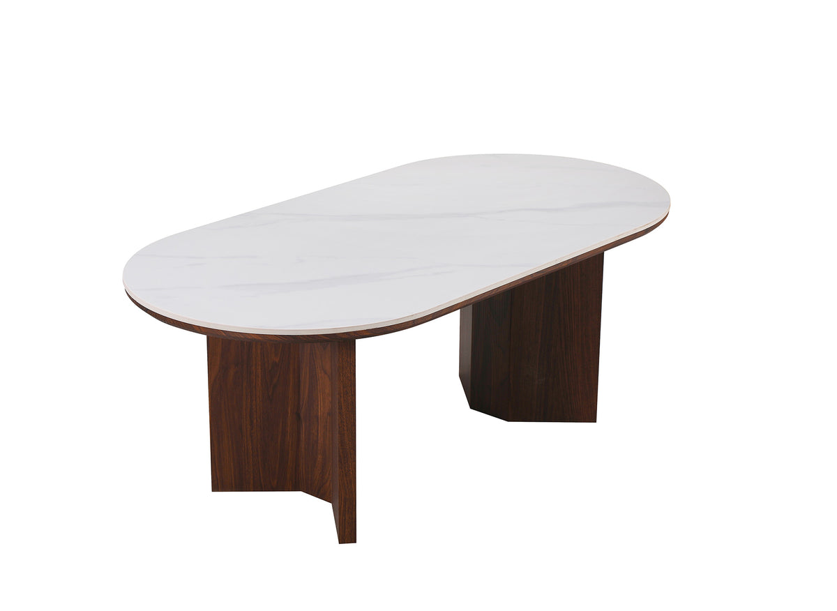 Table basse céramique beige pieds bois noyer AMANDINE