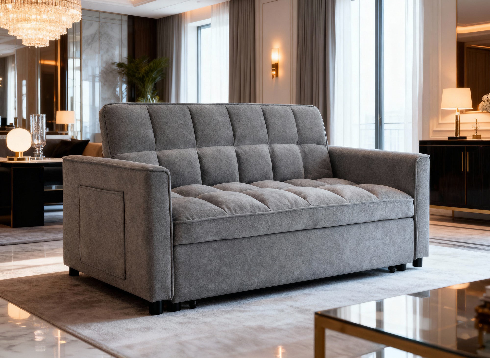 JASPER 2-Sitzer-Schlafsofa aus grauem strukturiertem Samt