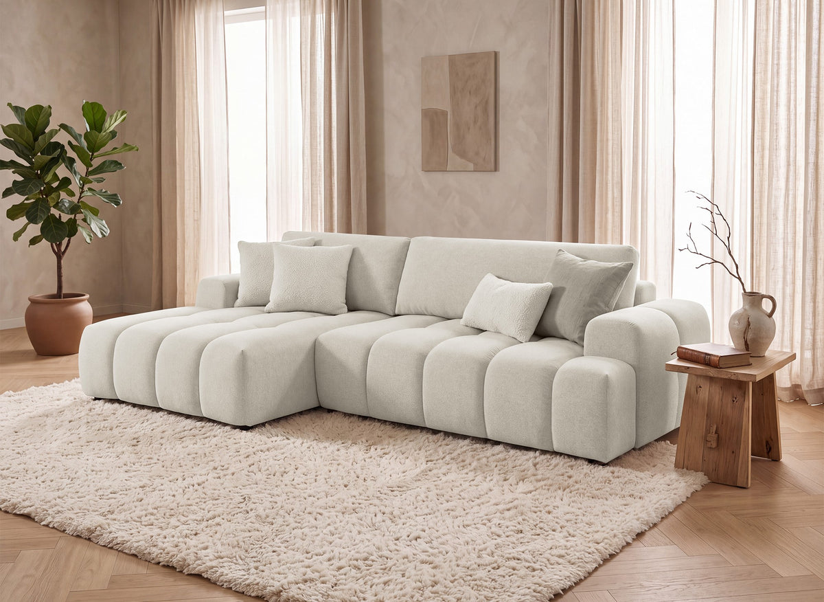 Umwandelbares Ecksofa mit Truhe aus beigem Strukturstoff BERENICE – Linke Ecke