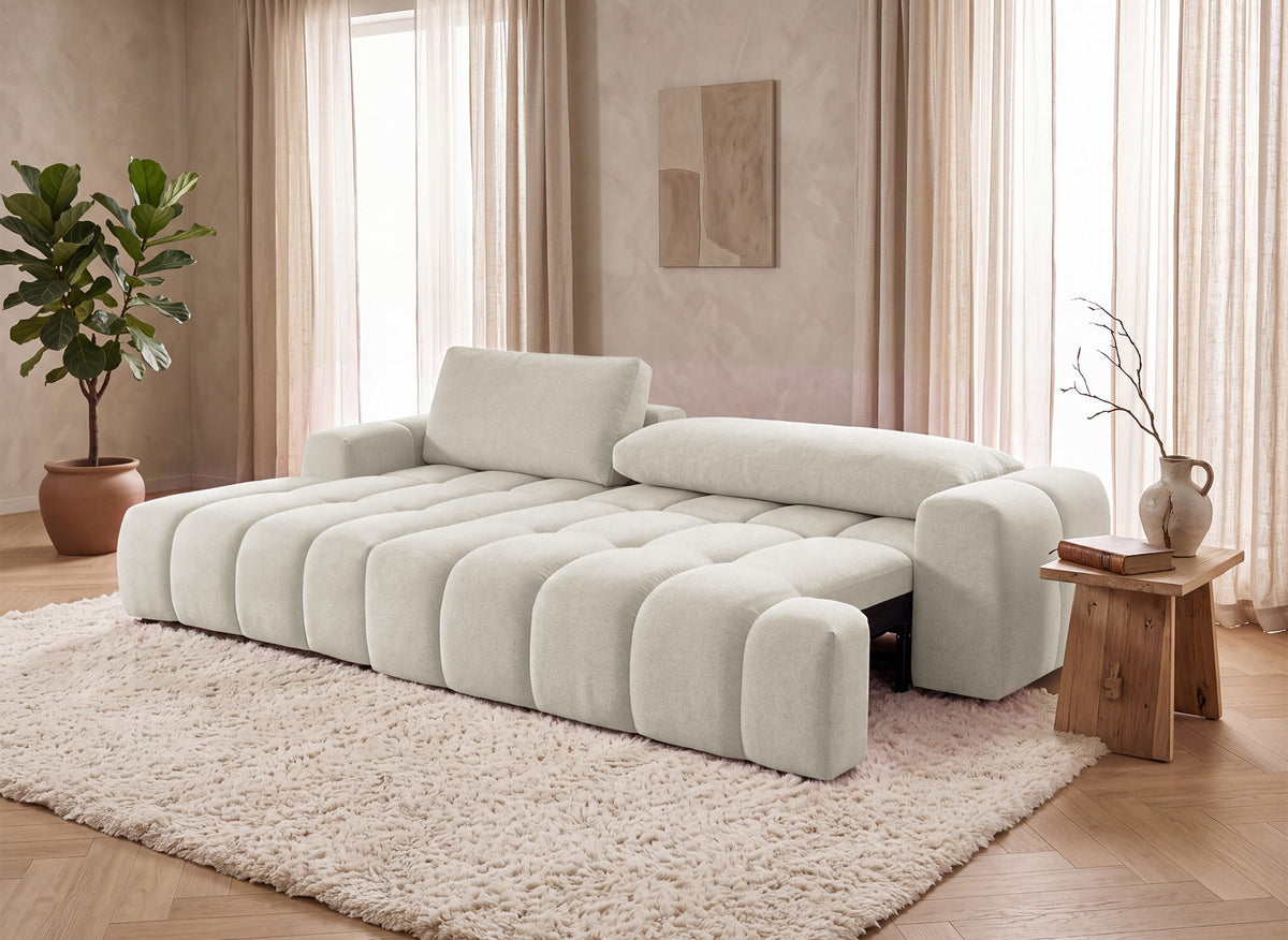 Umwandelbares Ecksofa mit Truhe aus beigem Strukturstoff BERENICE – Linke Ecke