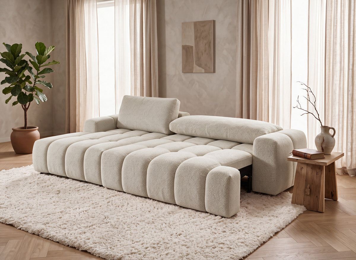 Umwandelbares Ecksofa mit Truhe aus beigem Strukturstoff BERENICE – Linke Ecke