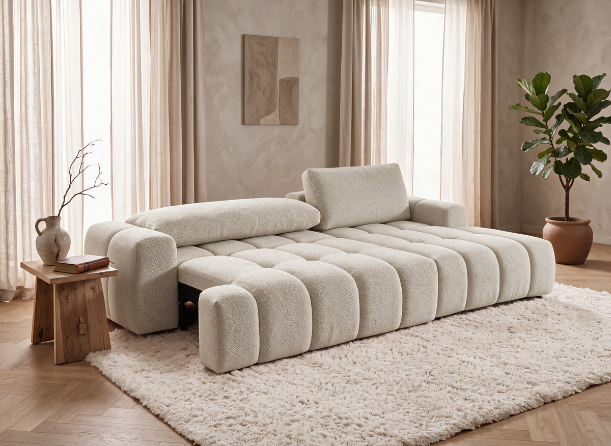 Ecksofa mit Schlaffunktion und Bettkasten aus beigem Strukturstoff BERENICE - Ecke rechts