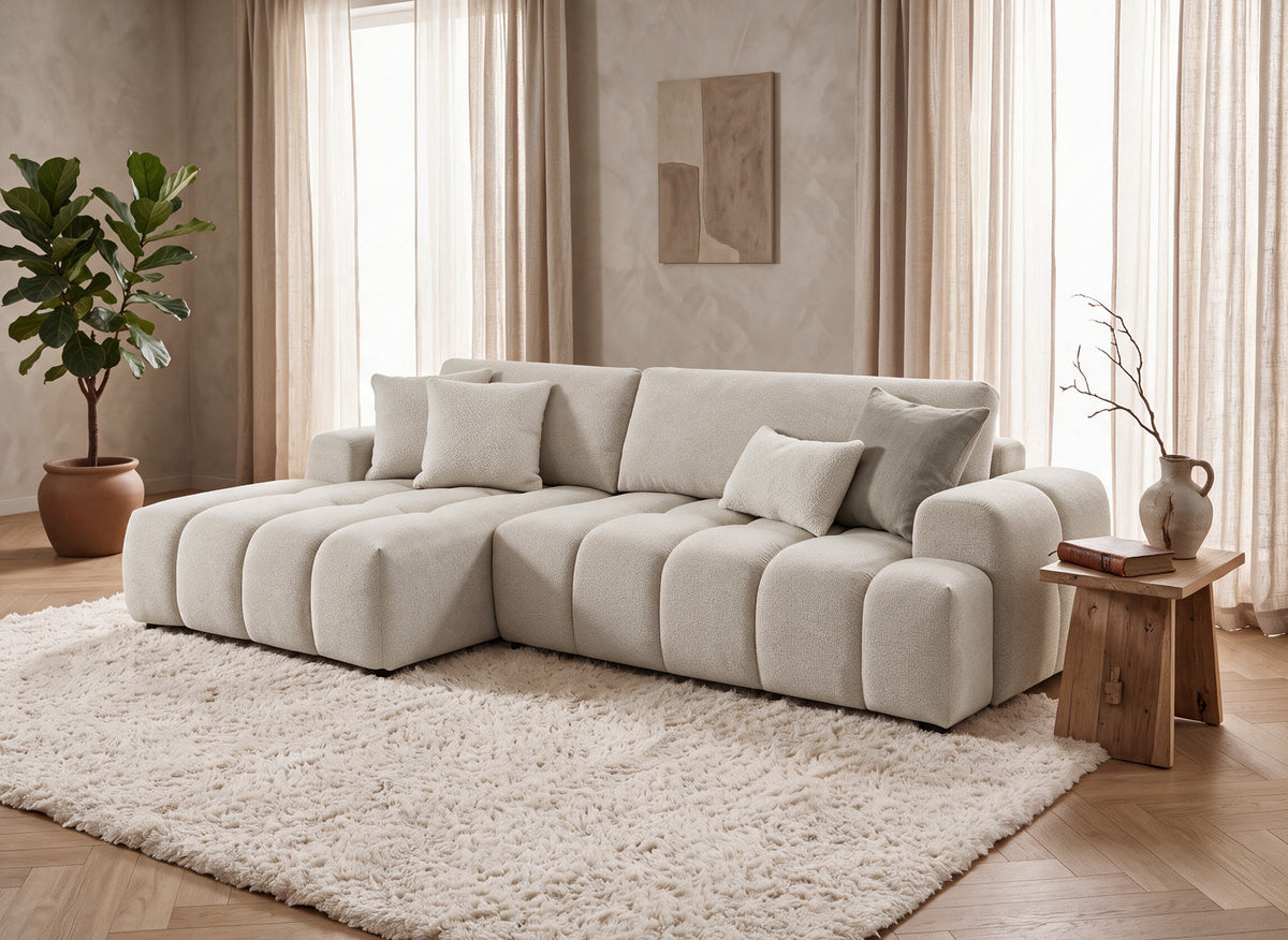 Umwandelbares Ecksofa mit Truhe aus beigem Strukturstoff BERENICE – Linke Ecke