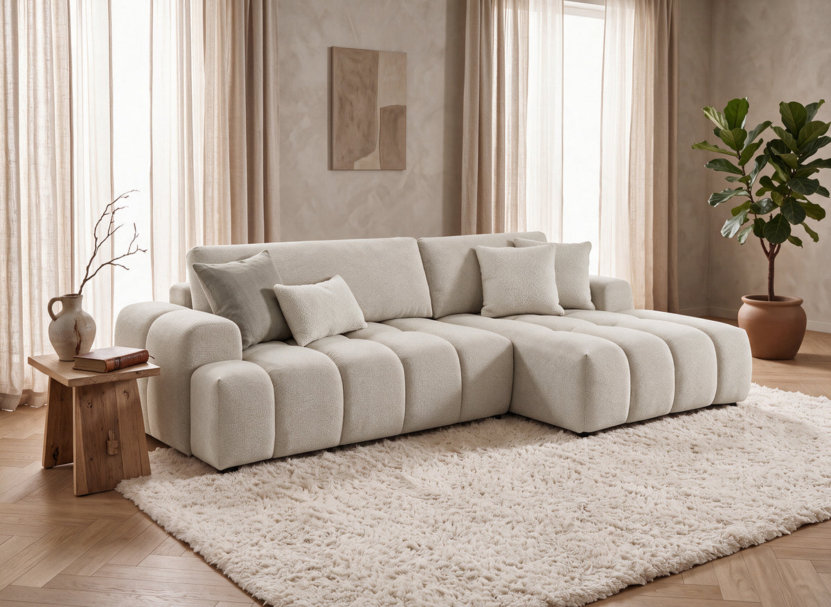 Ecksofa mit Schlaffunktion und Bettkasten aus beigem Strukturstoff BERENICE - Ecke rechts