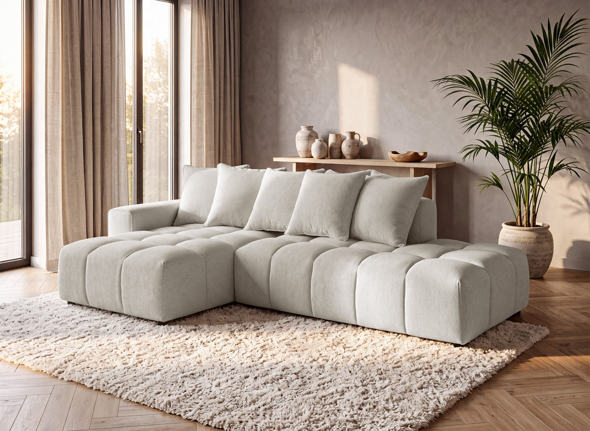Canapé d'angle en tissu texturé beige CLARISSE - Angle gauche