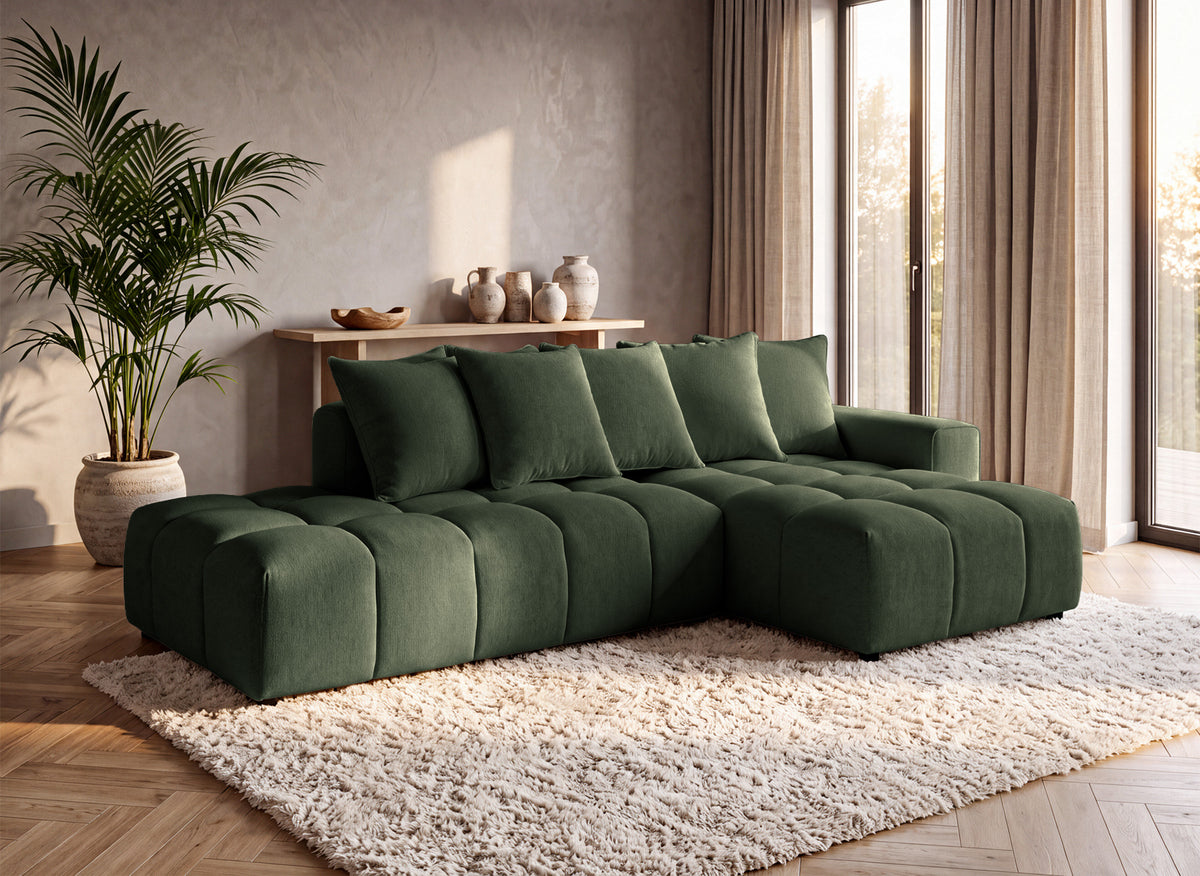 Canapé d'angle en tissu texturé vert olive CLARISSE - Angle droit