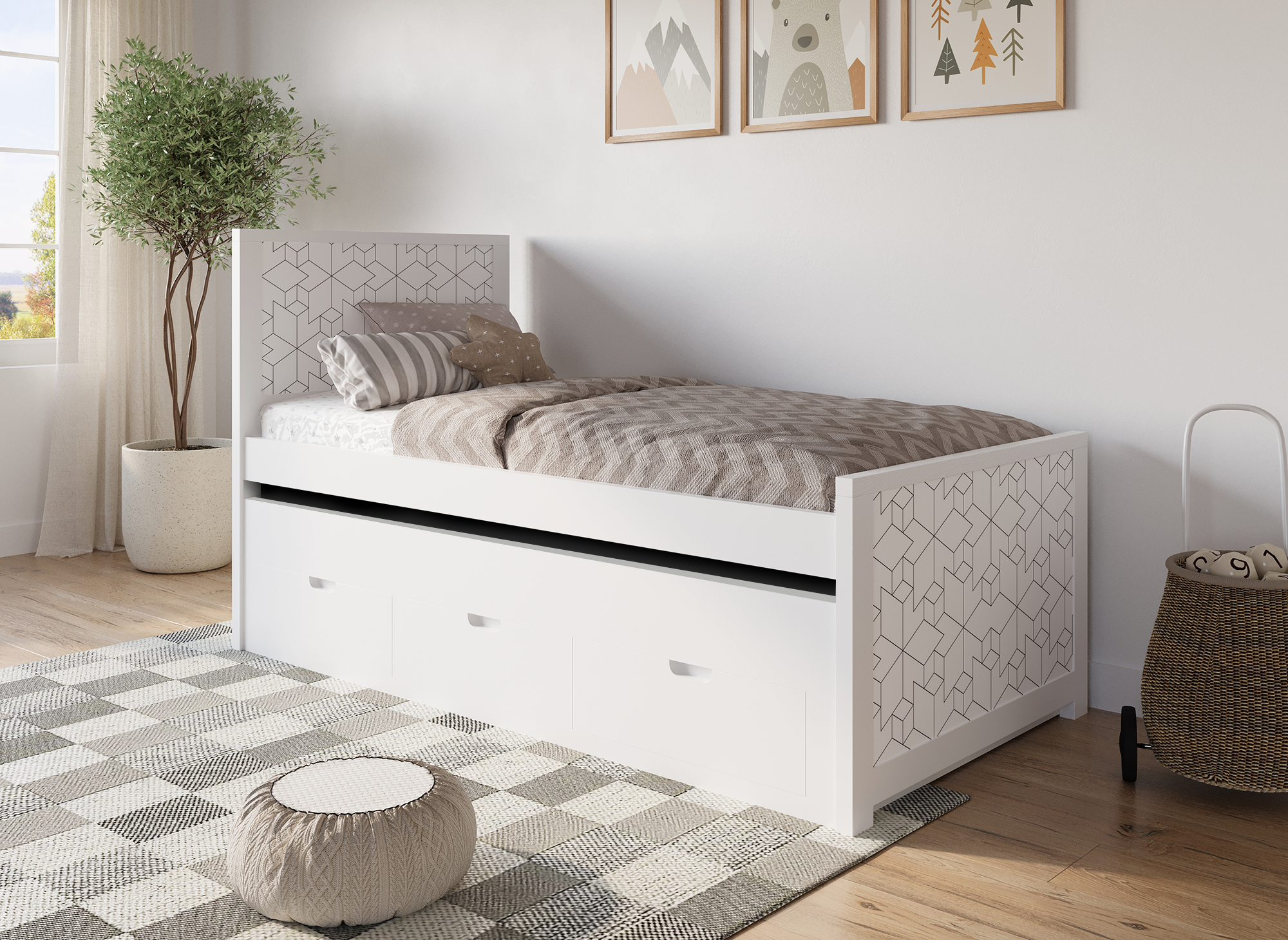 ENORA weißes Ausziehbett aus Holz mit Schubladen 90 x 190 cm