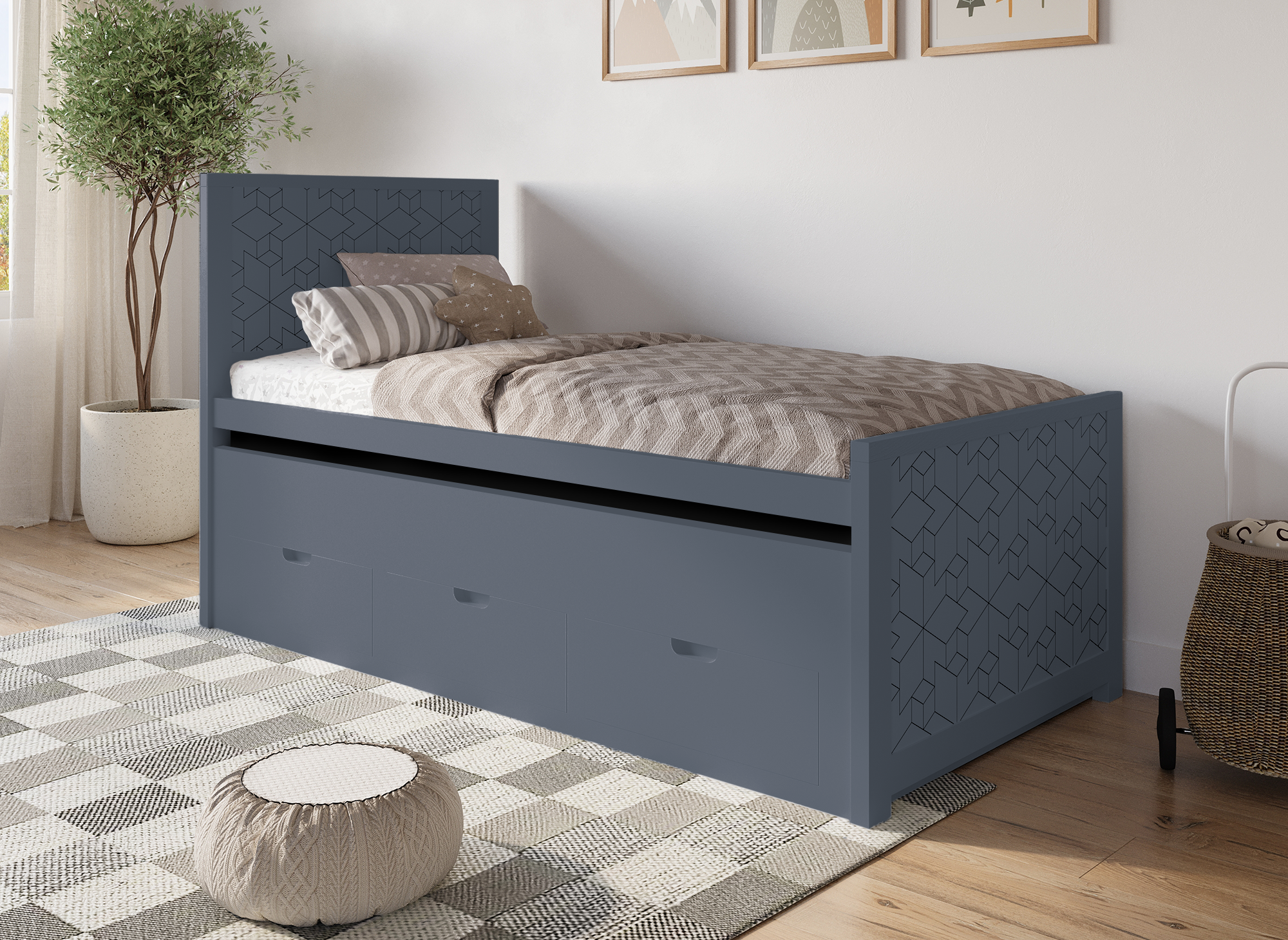 ENORA Ausziehbett aus grauem Holz mit Schubladen 90 x 190 cm