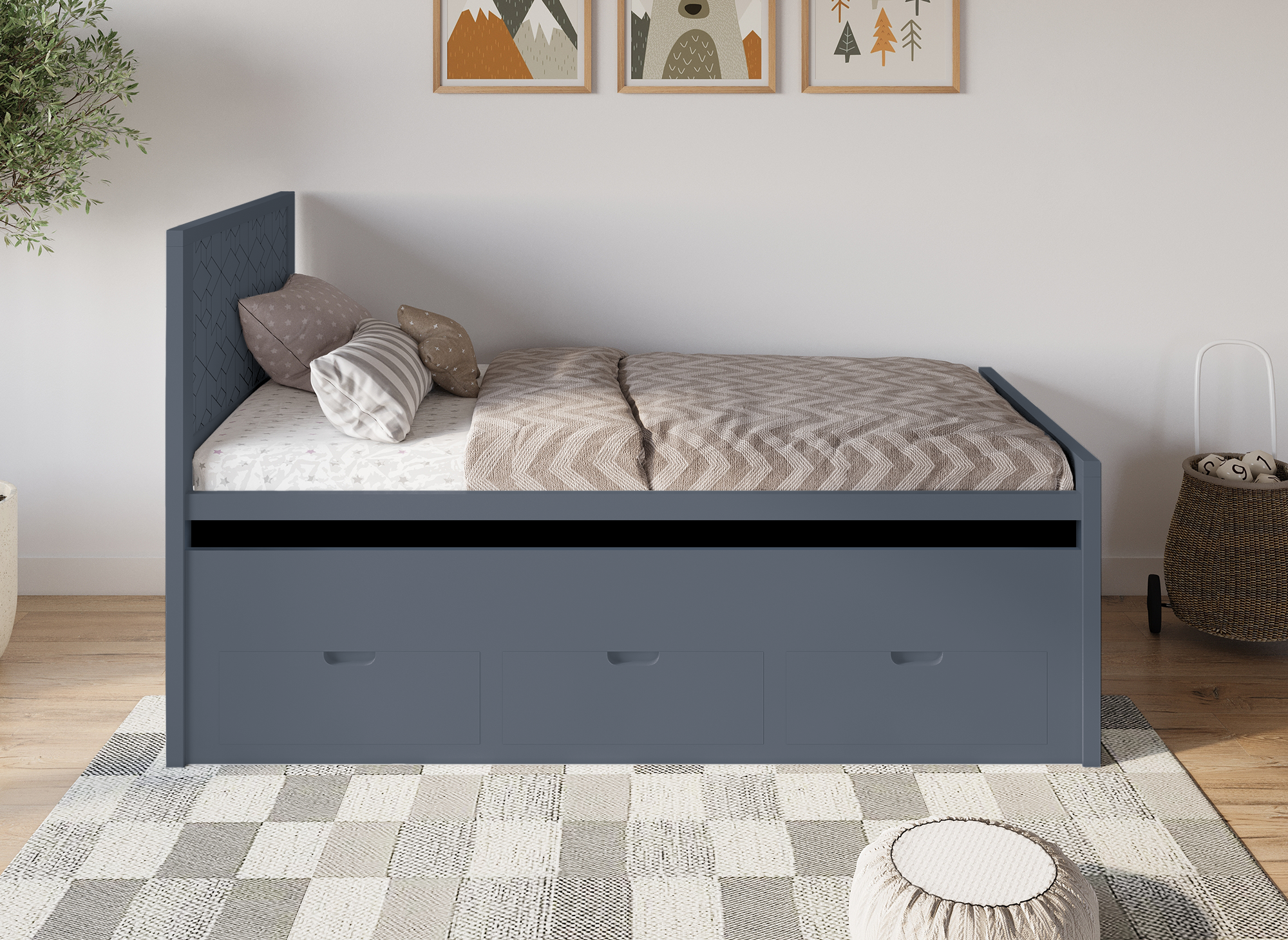 ENORA Ausziehbett aus grauem Holz mit Schubladen 90 x 190 cm