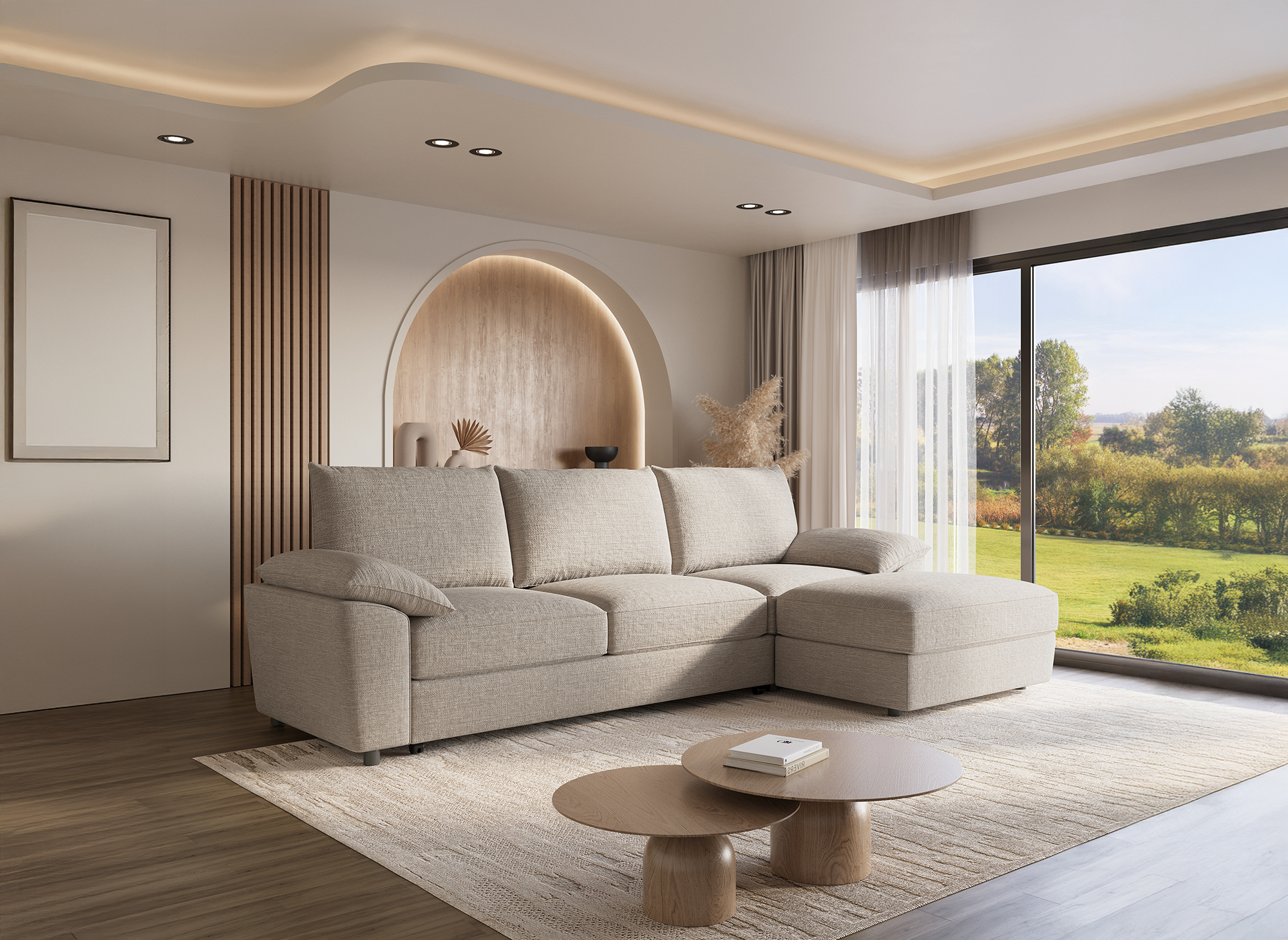 GABIN Ecksofa aus beige meliertem Samt mit Aufbewahrungsbox - Rechtwinklig