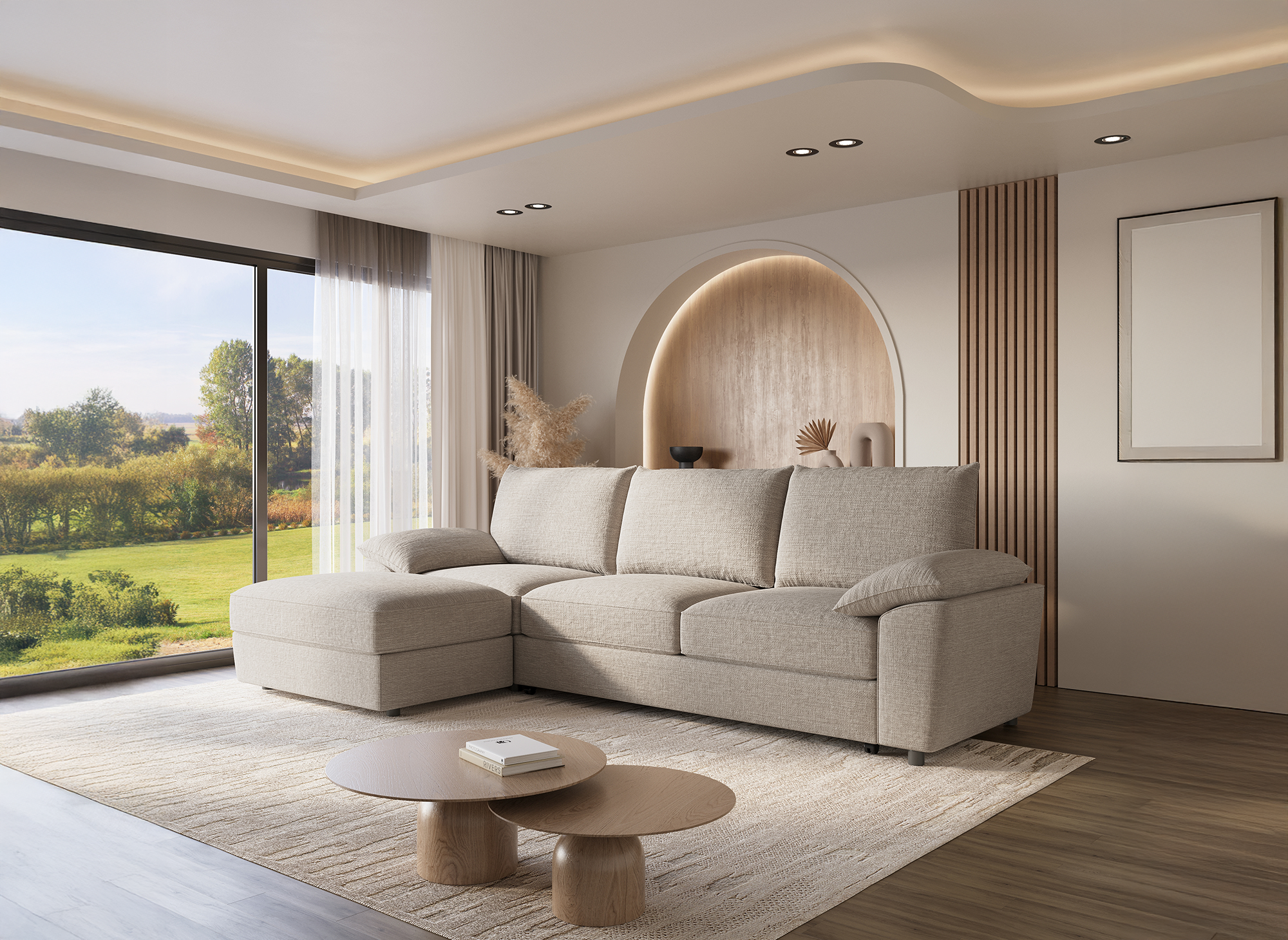 GABIN Ecksofa aus beige meliertem Samt mit Aufbewahrungsbox - Linke Ecke