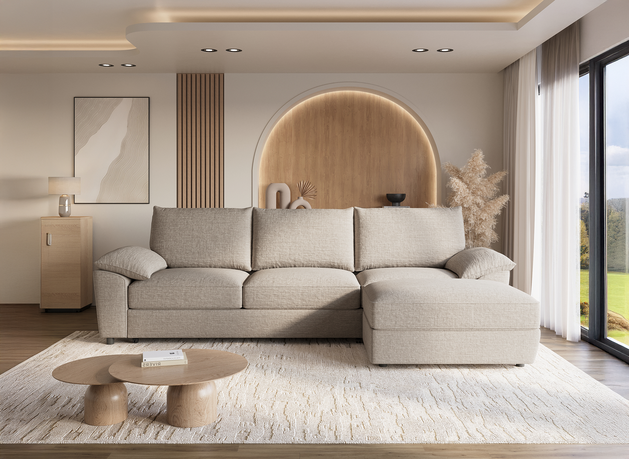 GABIN Ecksofa aus beige meliertem Samt mit Aufbewahrungsbox - Rechtwinklig