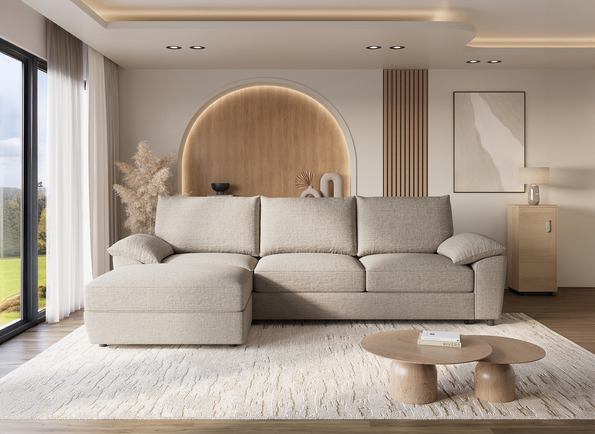 GABIN Ecksofa aus beige meliertem Samt mit Aufbewahrungsbox - Linke Ecke